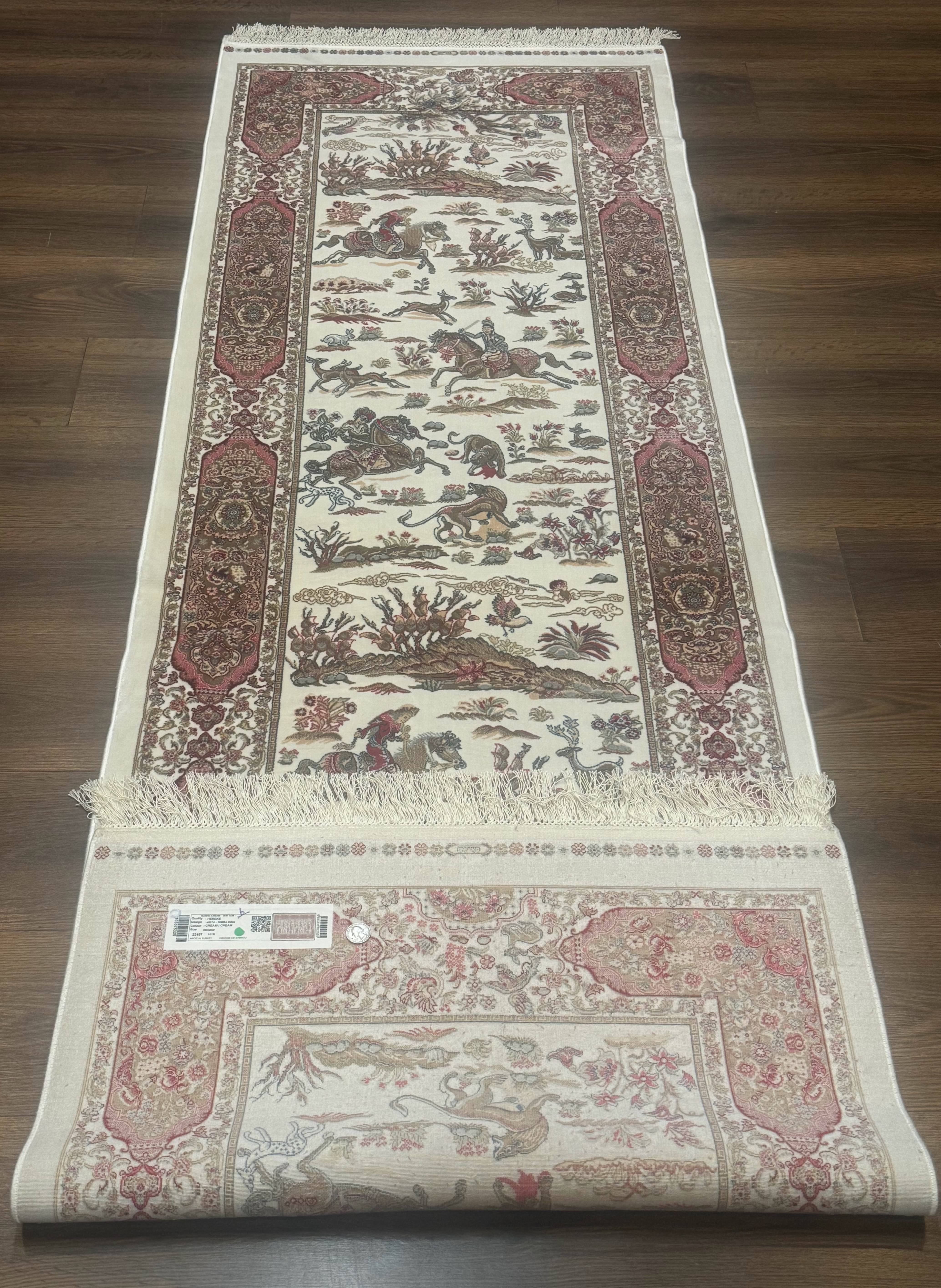 Turkish Silk Runner Rug 2.6 x 8, Hunting Design, Ivory, Bamboo Silk, New - Jewel Rugs