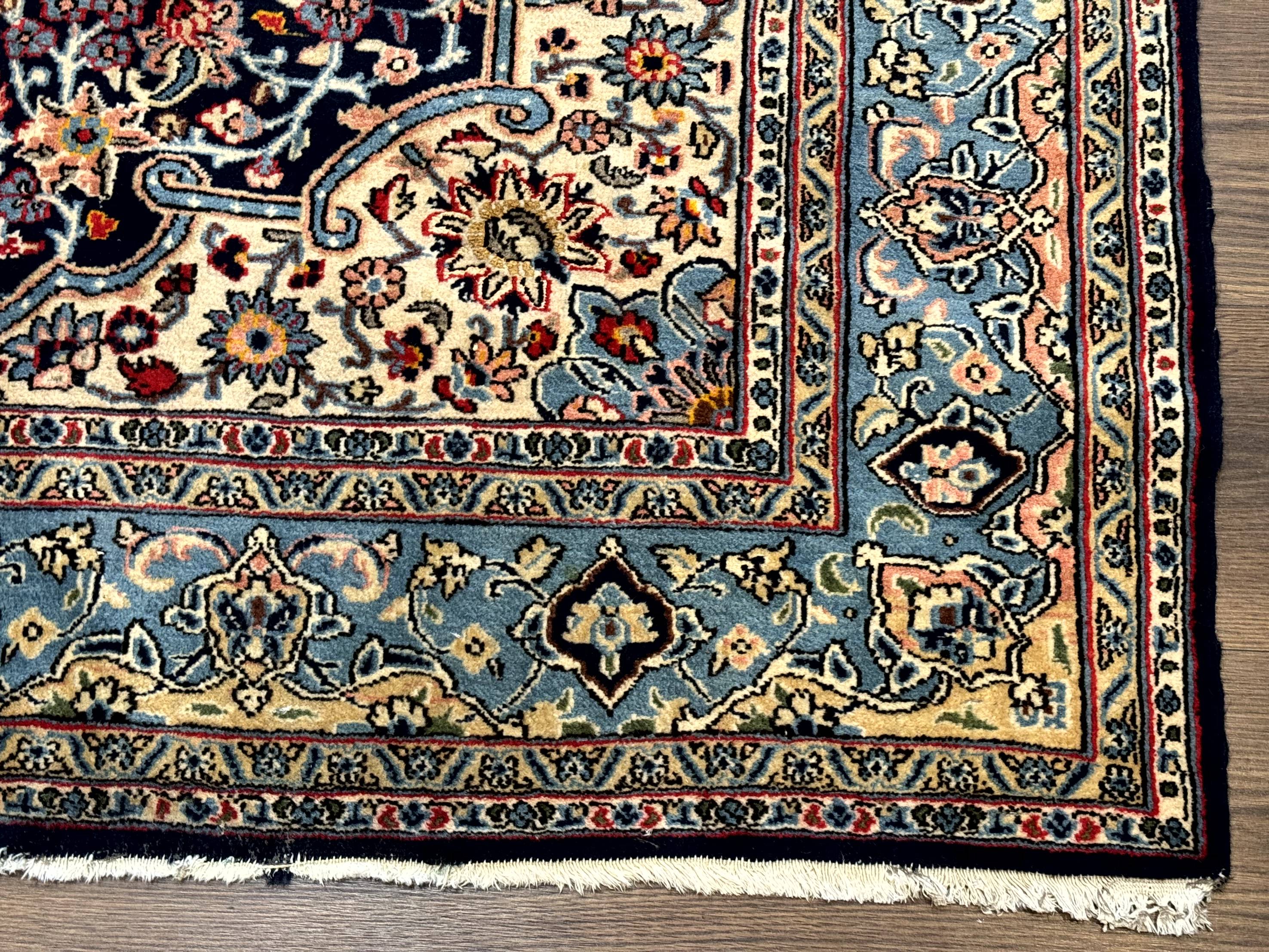 Persian Qum Rug 5x7 in Navy Light Blue and Ivory, Wool wilh Silk Highlights, 225 KPSI - Jewel Rugs