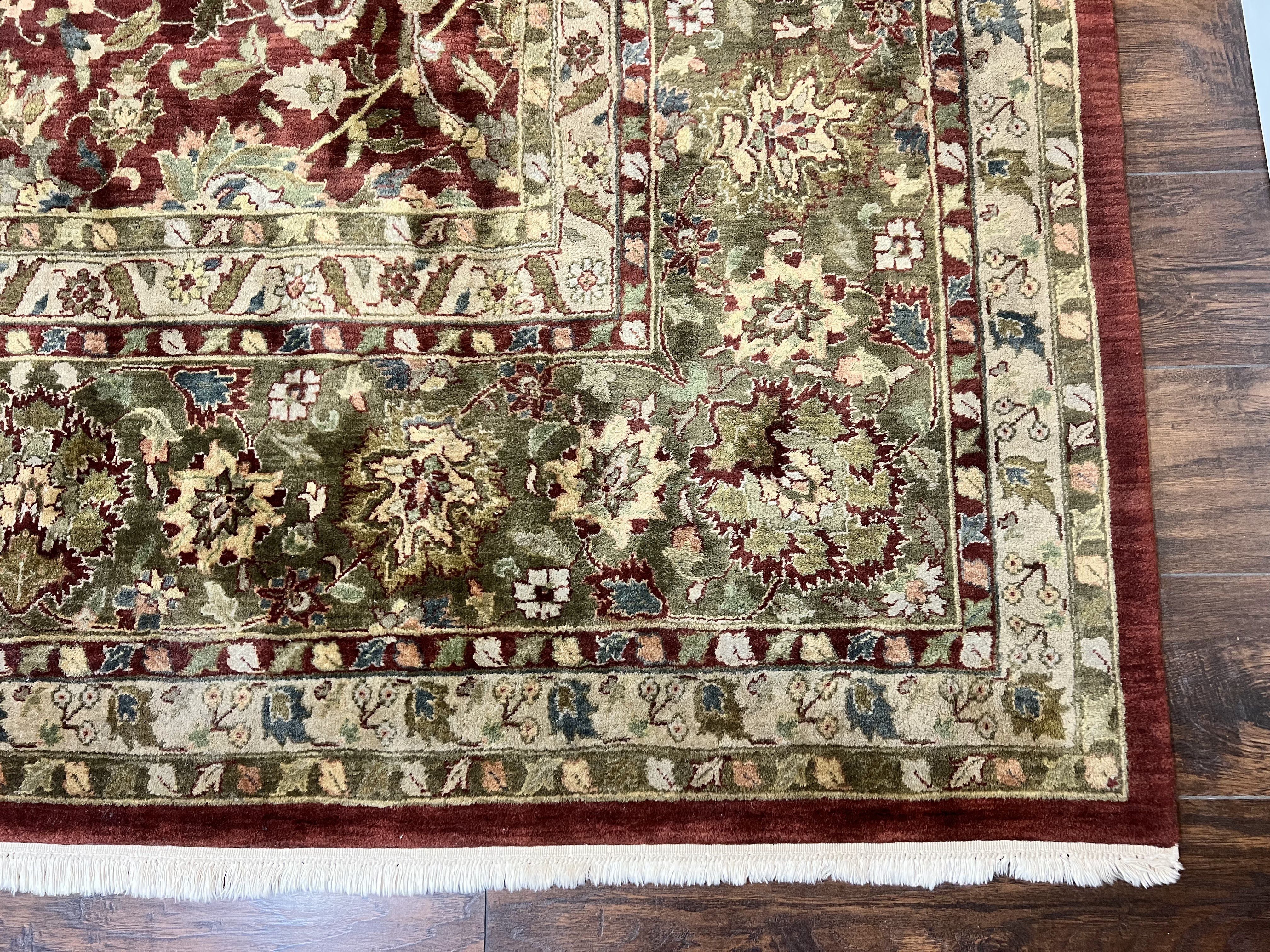 Indian Agra Rug 12x15, Oversized Extra Large Wool Hand Knotted Vintage Oriental Carpet, Burgundy & Olive Green, Floral Allover Rug 12 x 15 - Jewel Rugs