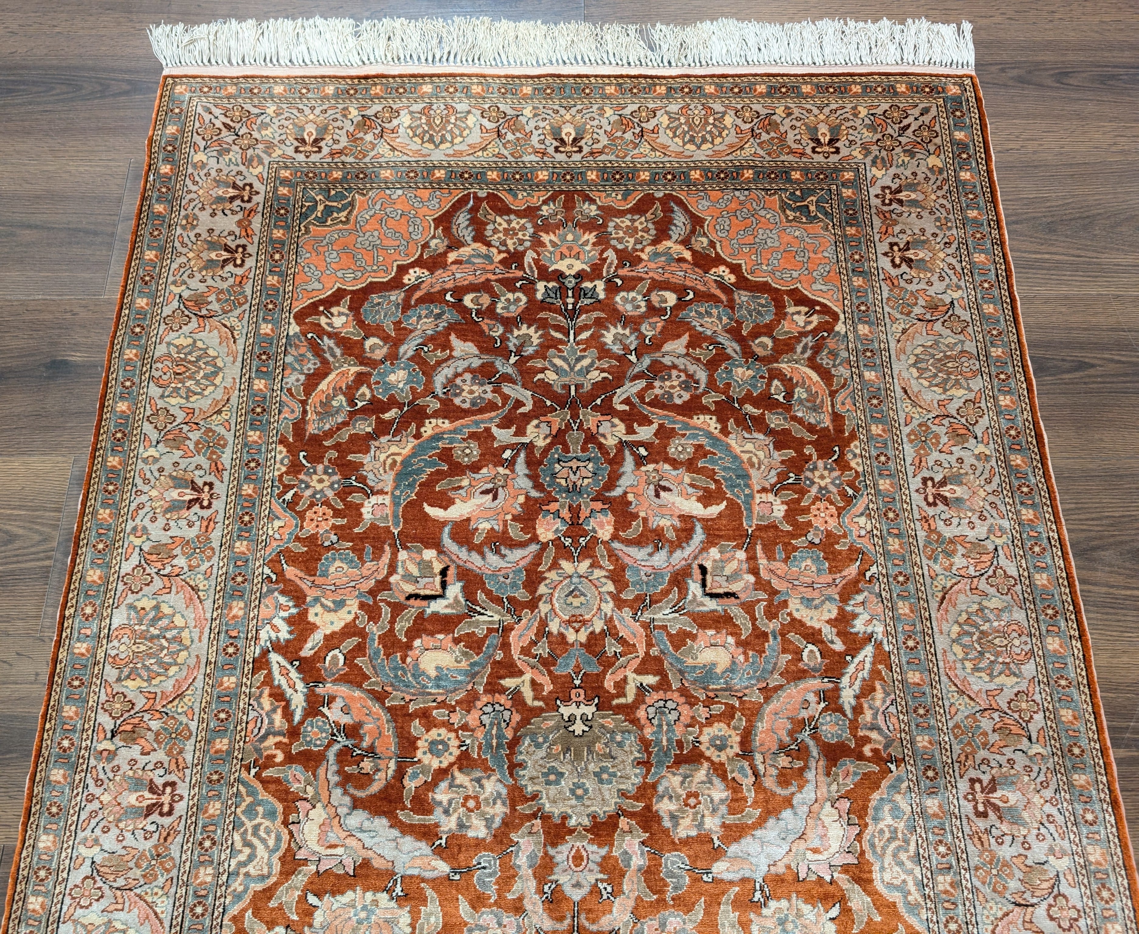 Silk Turkish Hereke Rug 3x5, Fine Hand-Knotted Silk Carpet, Rust Red & Green - Jewel Rugs