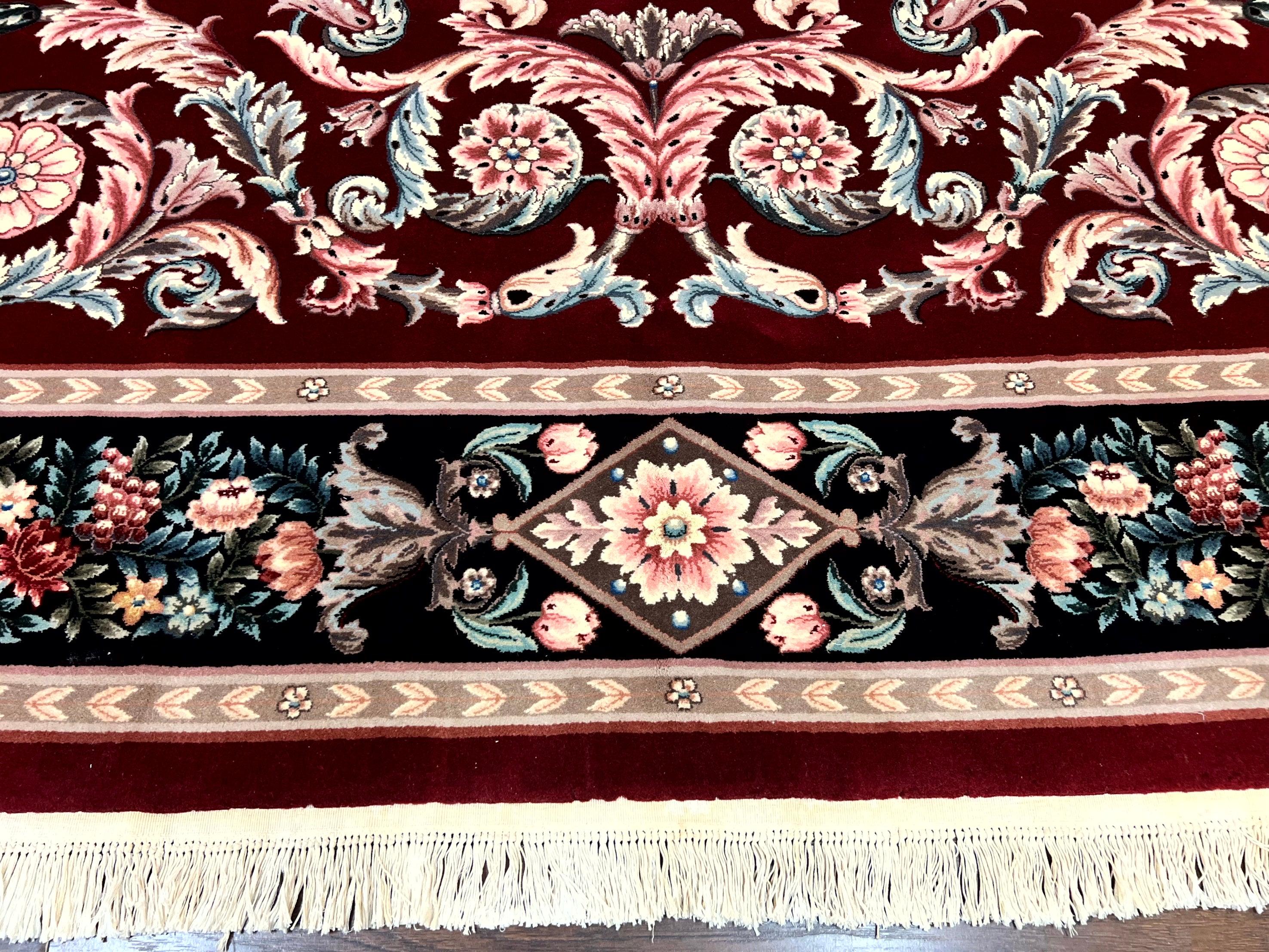 Chinese Aubusson Rug 9x12, Burgundy, Handmade Vintage Wool Carpet, Fine 210 KPSI, Elegant European Design - Jewel Rugs