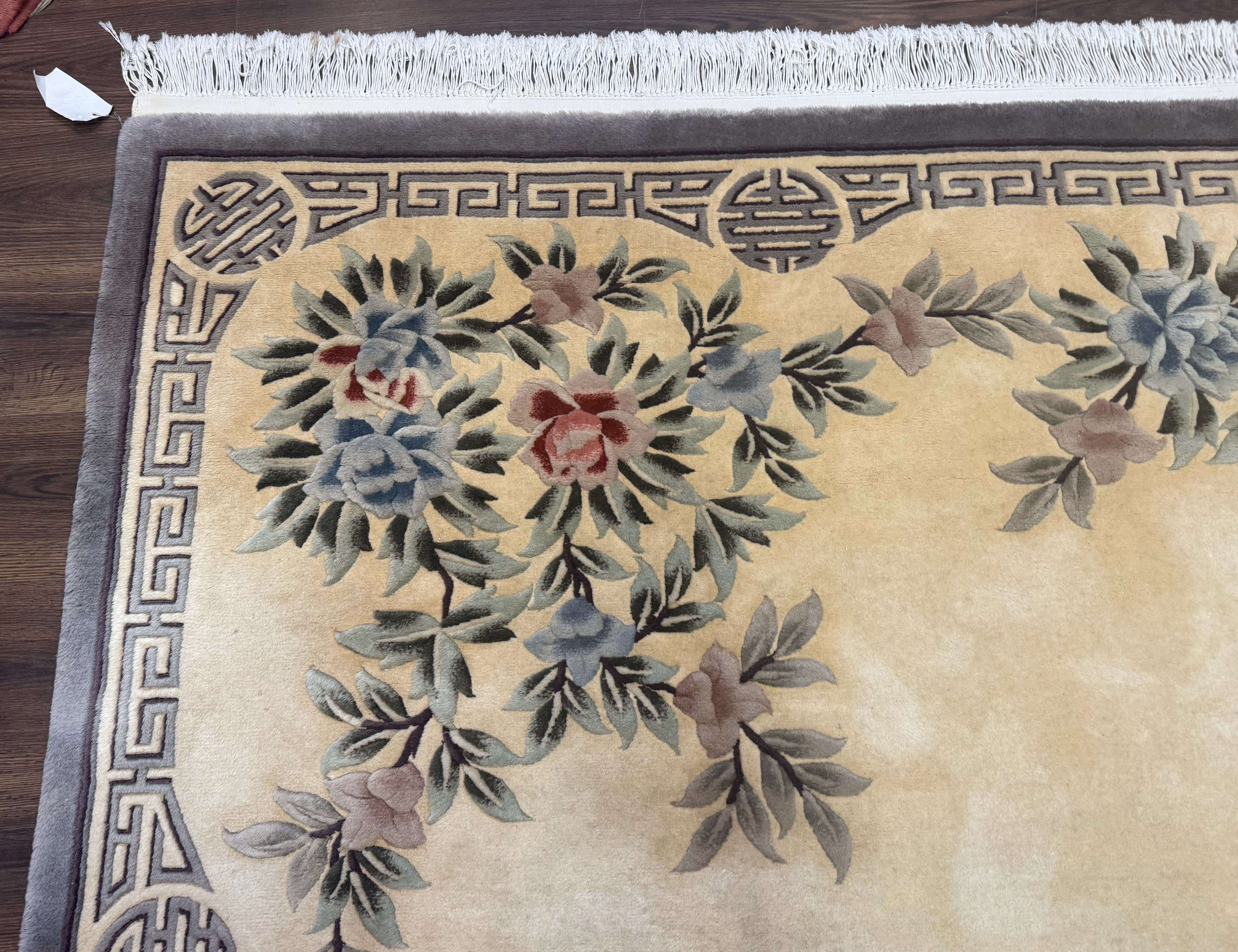 Chinese Wool Rug 9x12, Carving 90 Line Carpet, Floral, Cream and Green - Jewel Rugs