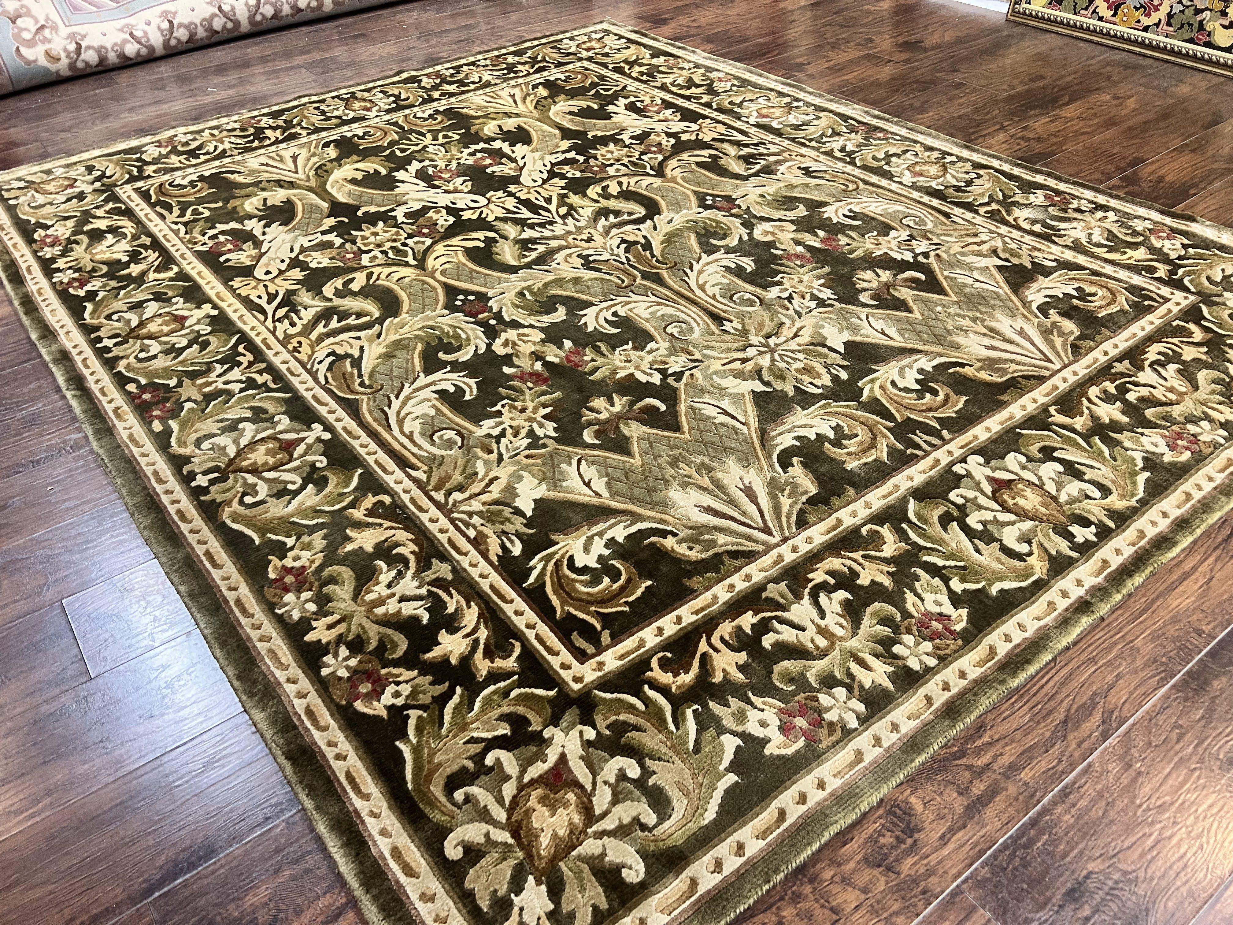 Tibetan Rug 8x10, European Design, Floral, Green, Handmade, Wool, Nepali Rug - Jewel Rugs