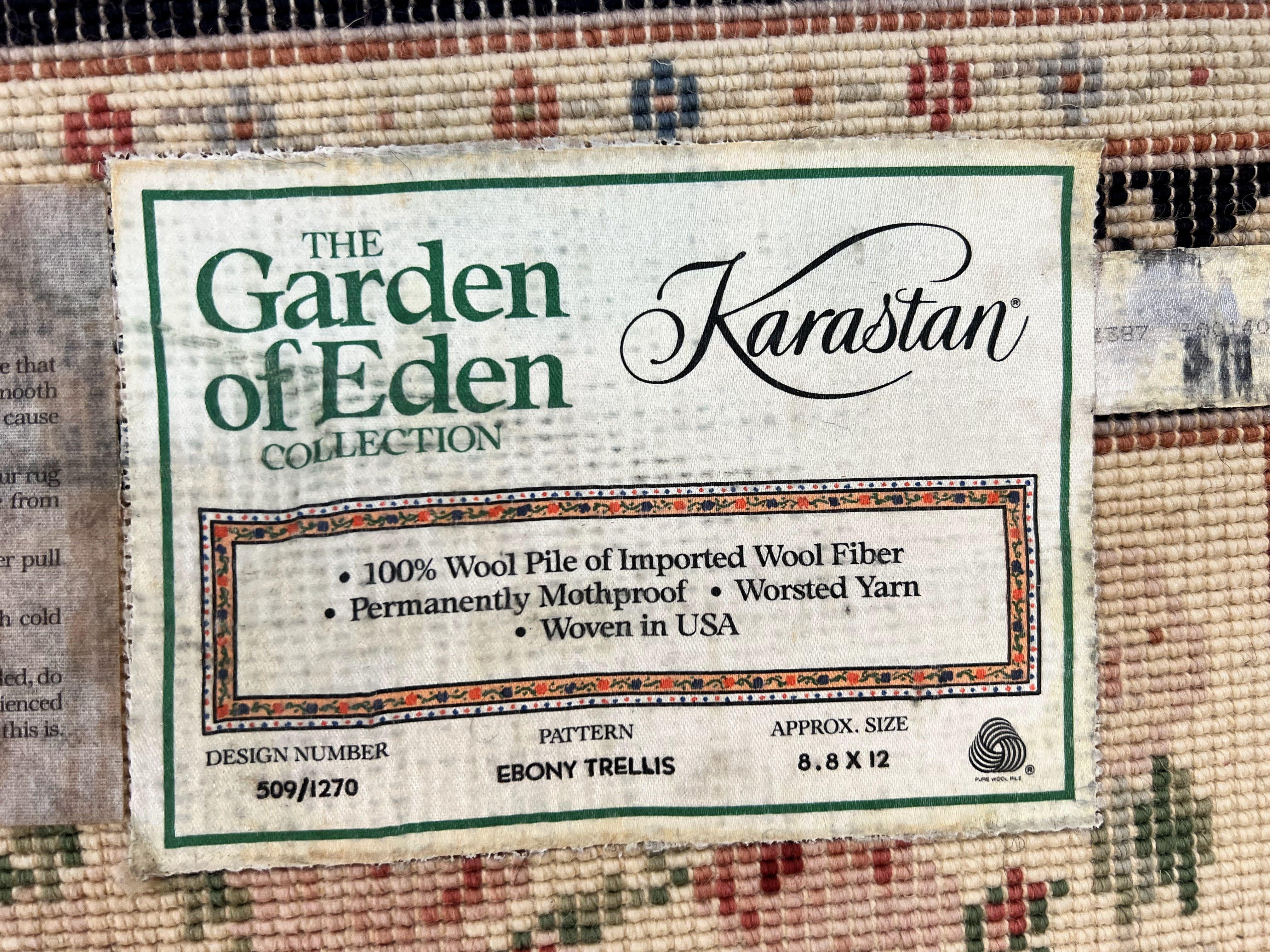 Karastan Rug 8' 8" x 12" Garden of Eden Collection Ebony Trellis #509/1270, Wool Pile Discontinued Vintage Karastan Carpet, Room Sized Rug - Jewel Rugs