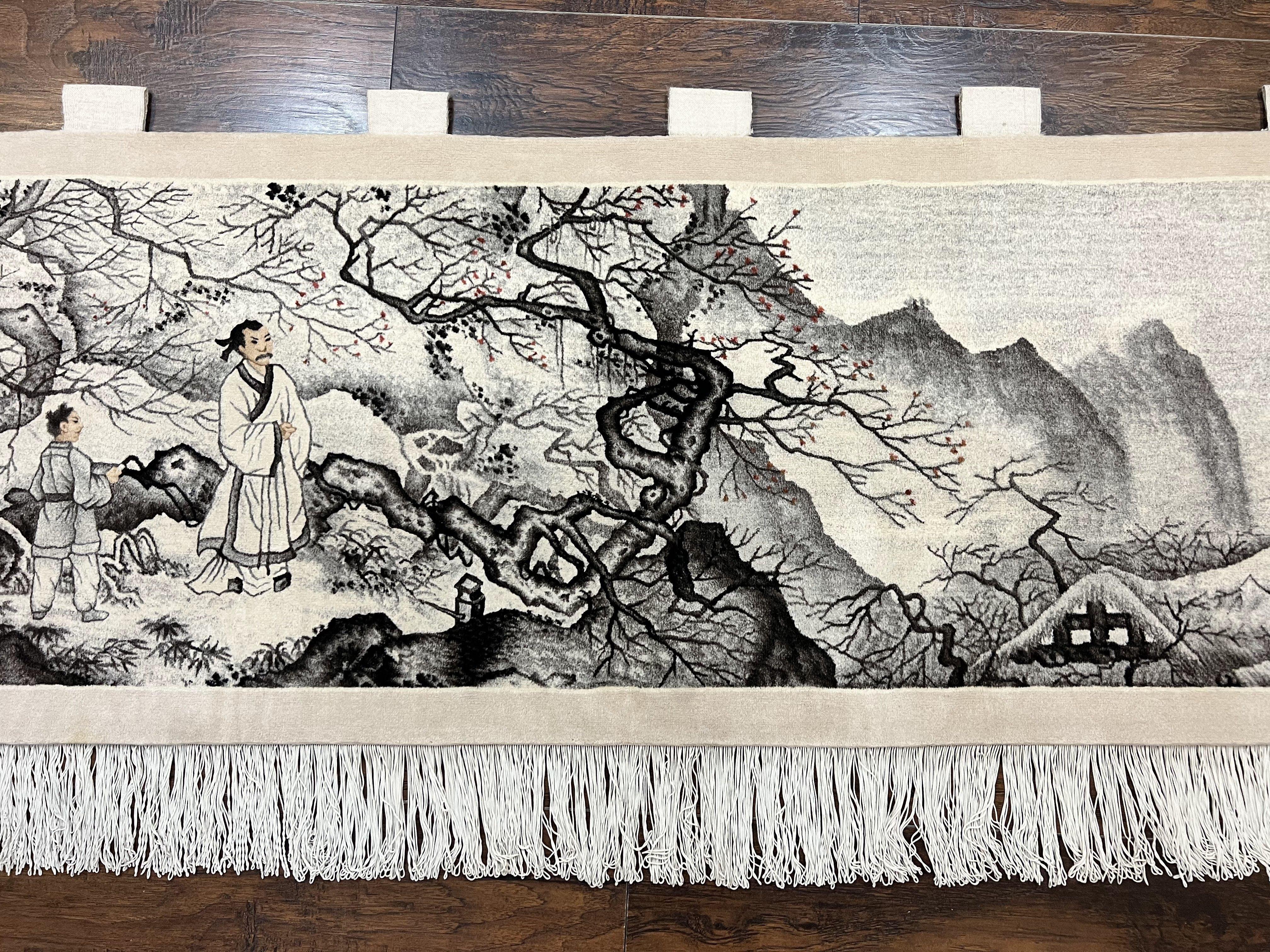 Chinese Wall Hanging Rug 8x3 ft, Samari Pictorial Scene, Hand-Knotted Handmade Vintage Asian Oriental Wall Hanging Tapestry Fine Rug - Jewel Rugs