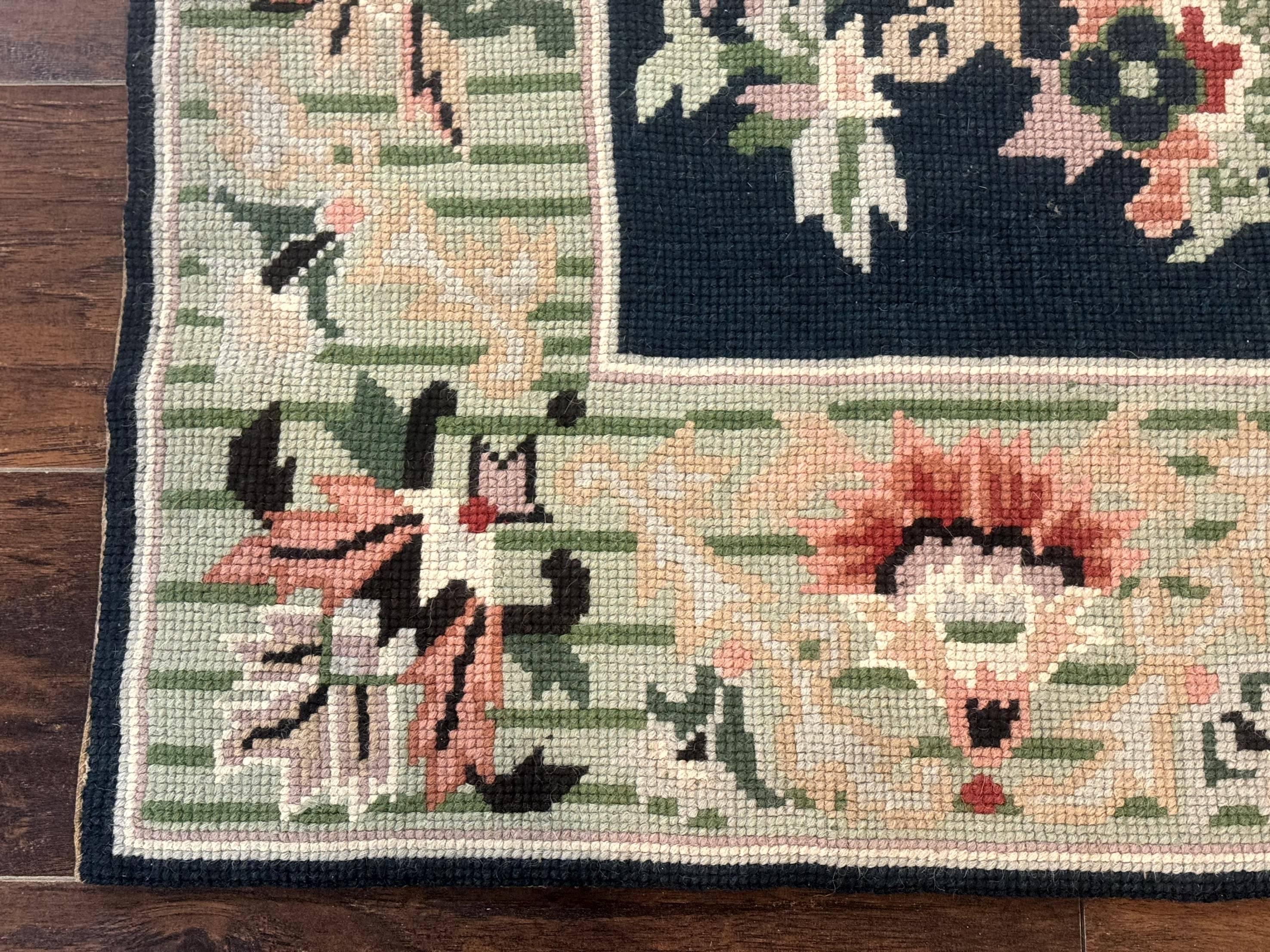 Vintage American Needlepoint Rug 4x6, Dark Green, Wool, Handmade, Flatweave Carpet - Jewel Rugs