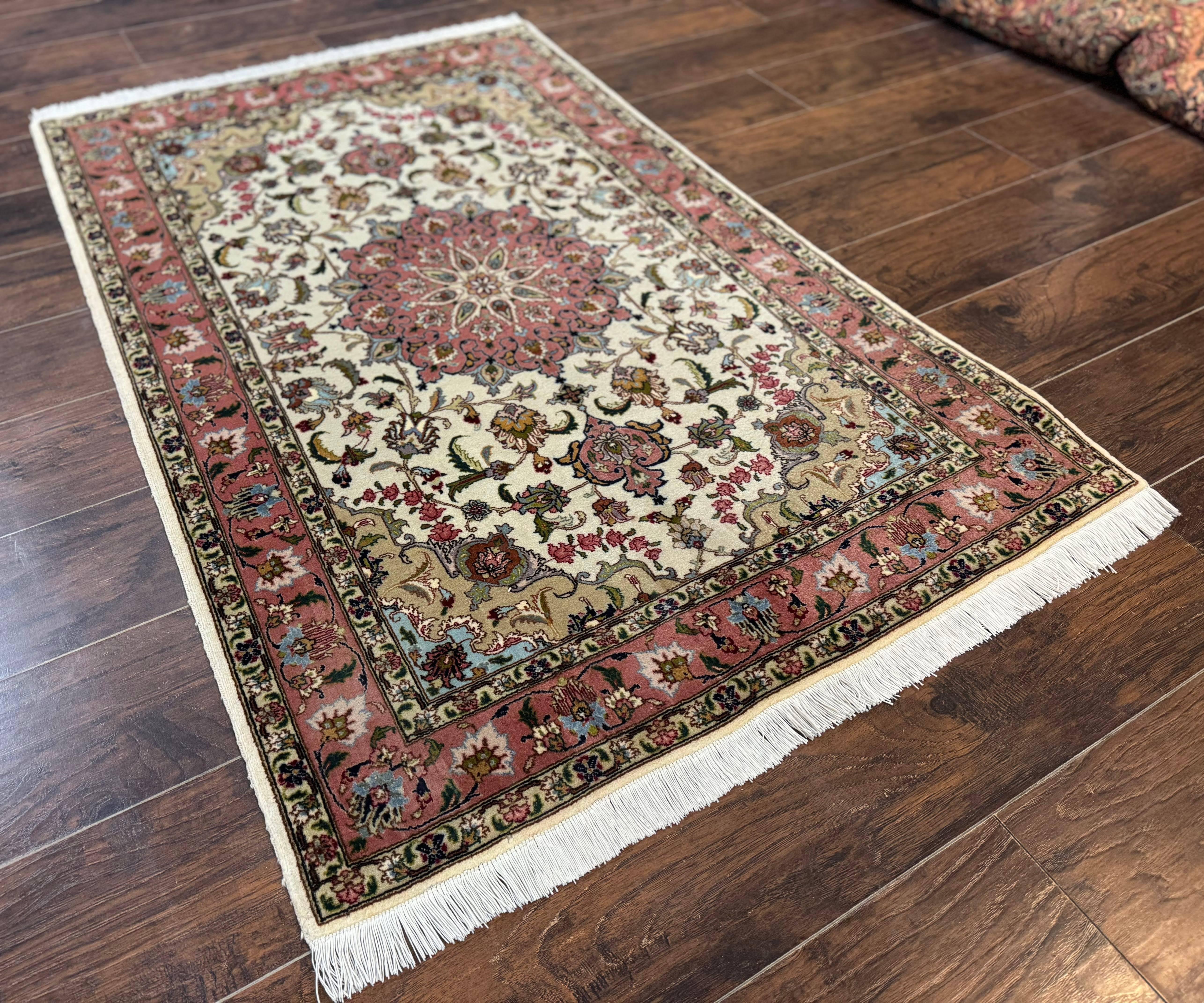 Fine Persian Tabriz Rug 3x5, Floral Medallion, 340 KPSI, Ivory Salmon - Jewel Rugs