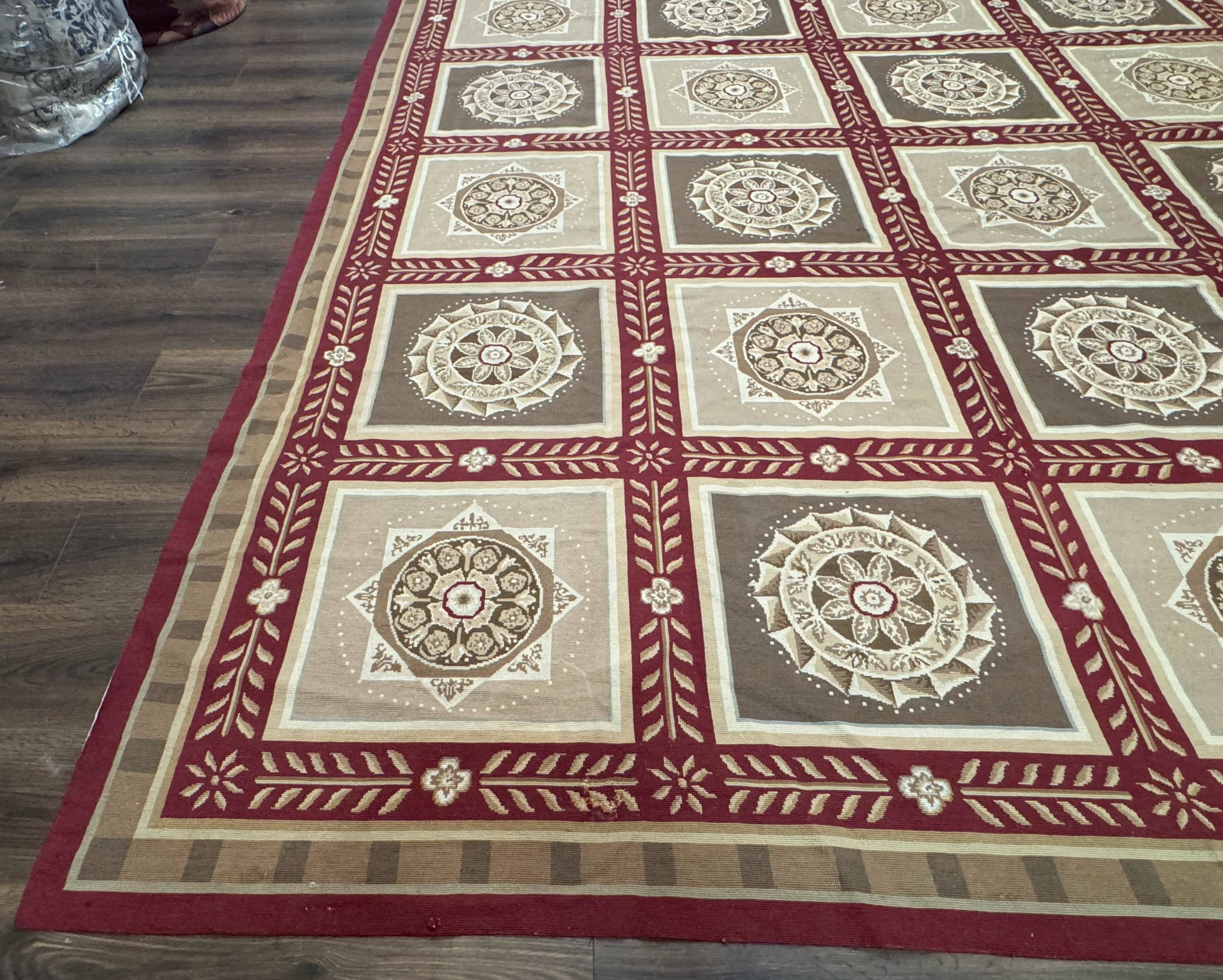 Needlepoint Rug 9x12, Panel Design, Burgundy Taupe, Elegant - Jewel Rugs