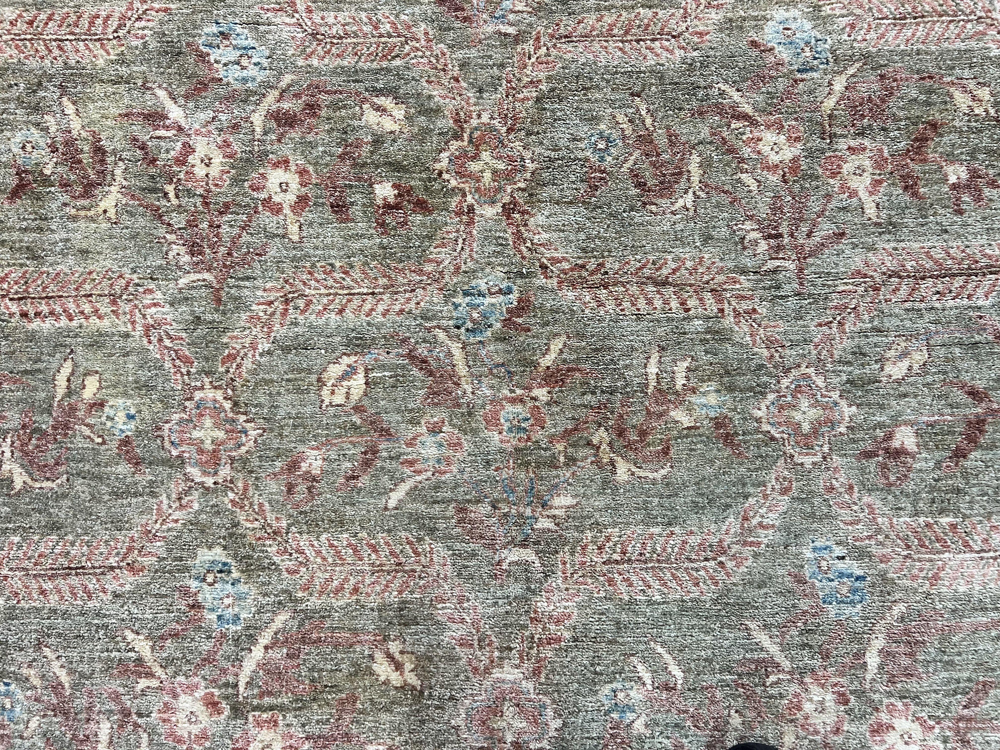 Large Modern Pakistani Rug 9x12, Handmade Wool Carpet, Peshawar Rug, Hand Knotted Oriental Rug, Contemporary, Floral, Light Green - Jewel Rugs