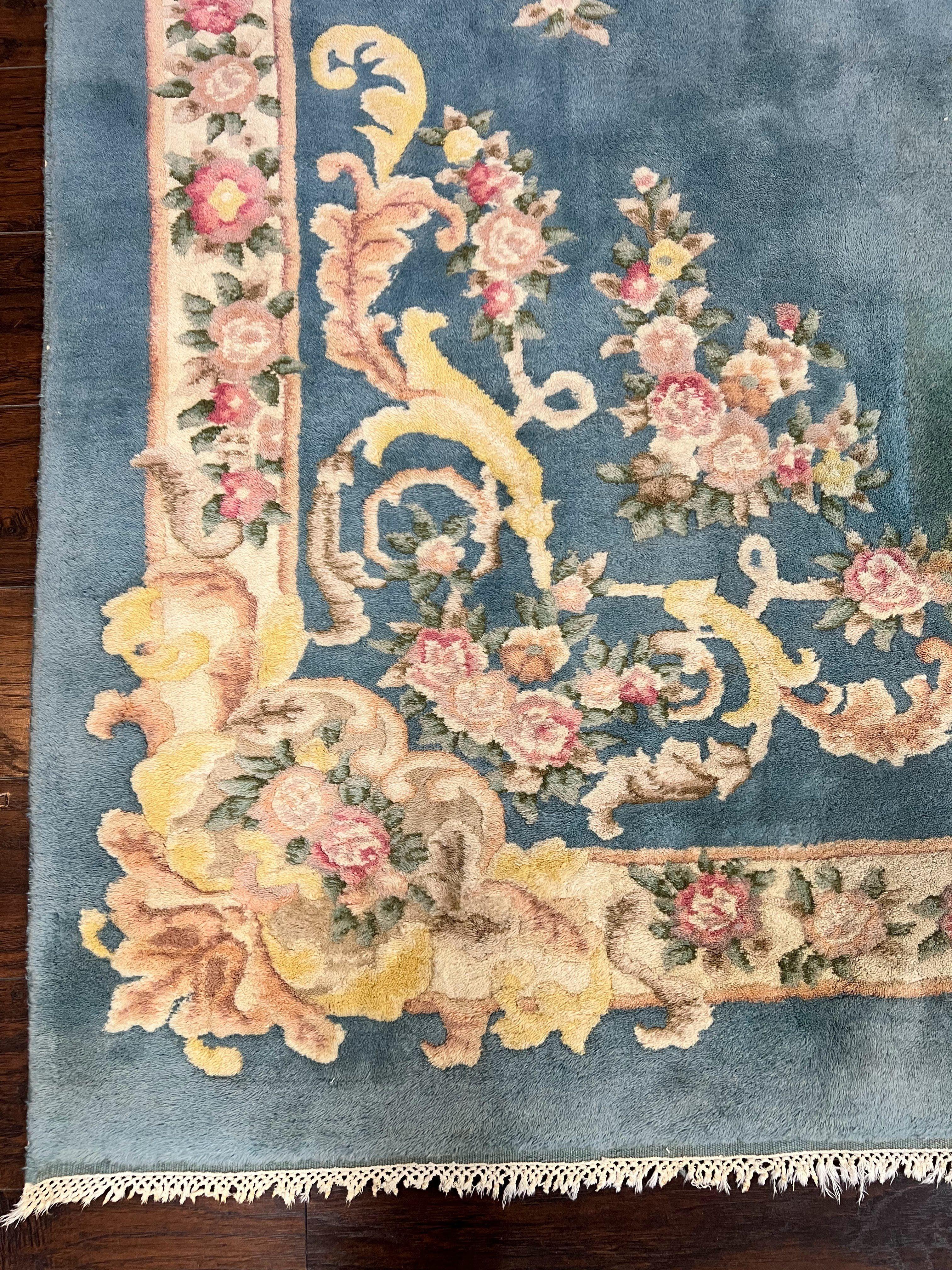Indo Chinese Rug 9x14, Wool Hand Knotted Vintage Carpet, Light Blue Cream Beige, Aubusson European Design Rug 9 x 14 - Jewel Rugs
