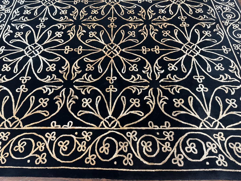 Tibetan Rug 8x10, Wool and Silk, Raised Pattern, Black and Gold, Floral - Jewel Rugs