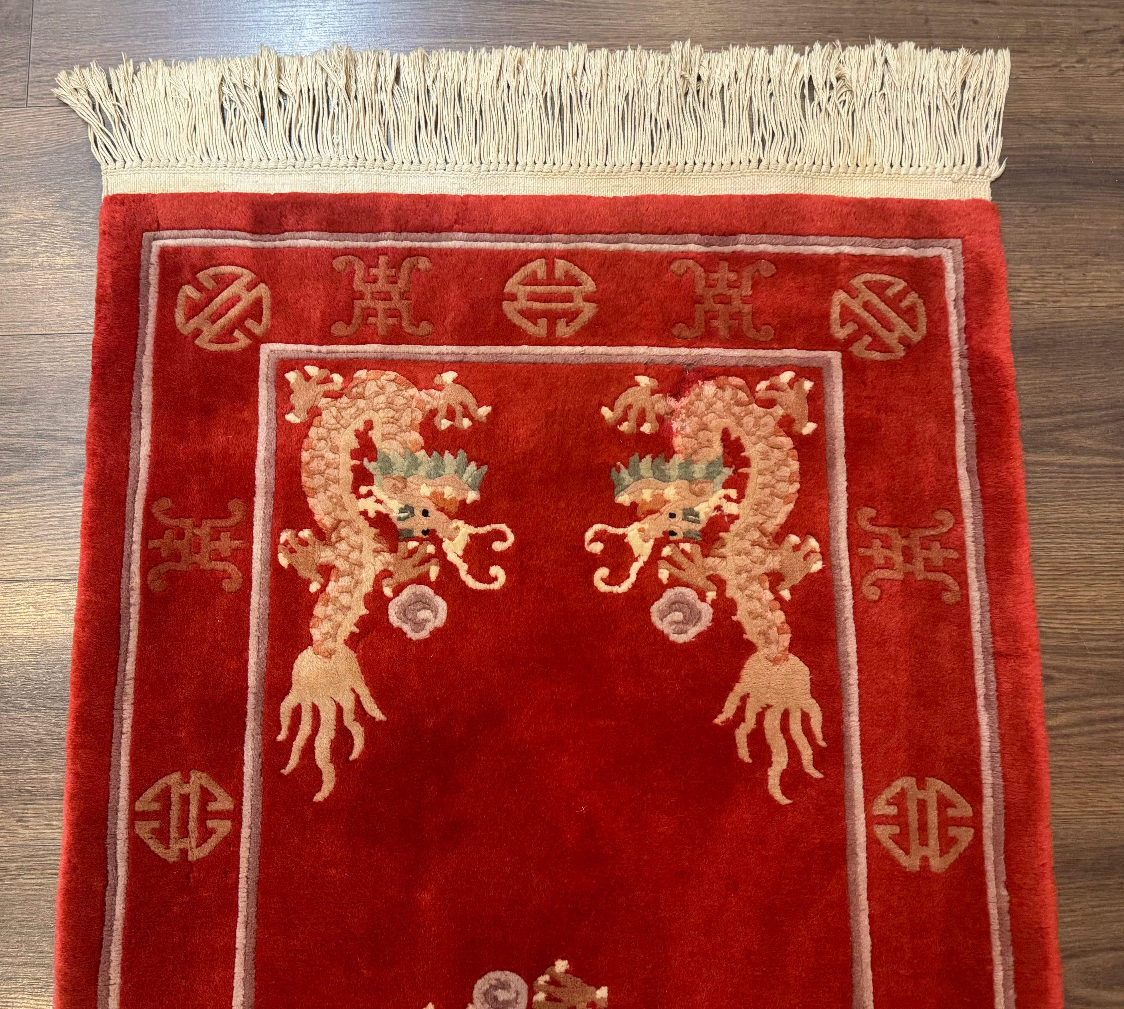 Red Chinese Dragon Rug 2x5 – Hand-Knotted Wool Asian Carpet - Jewel Rugs