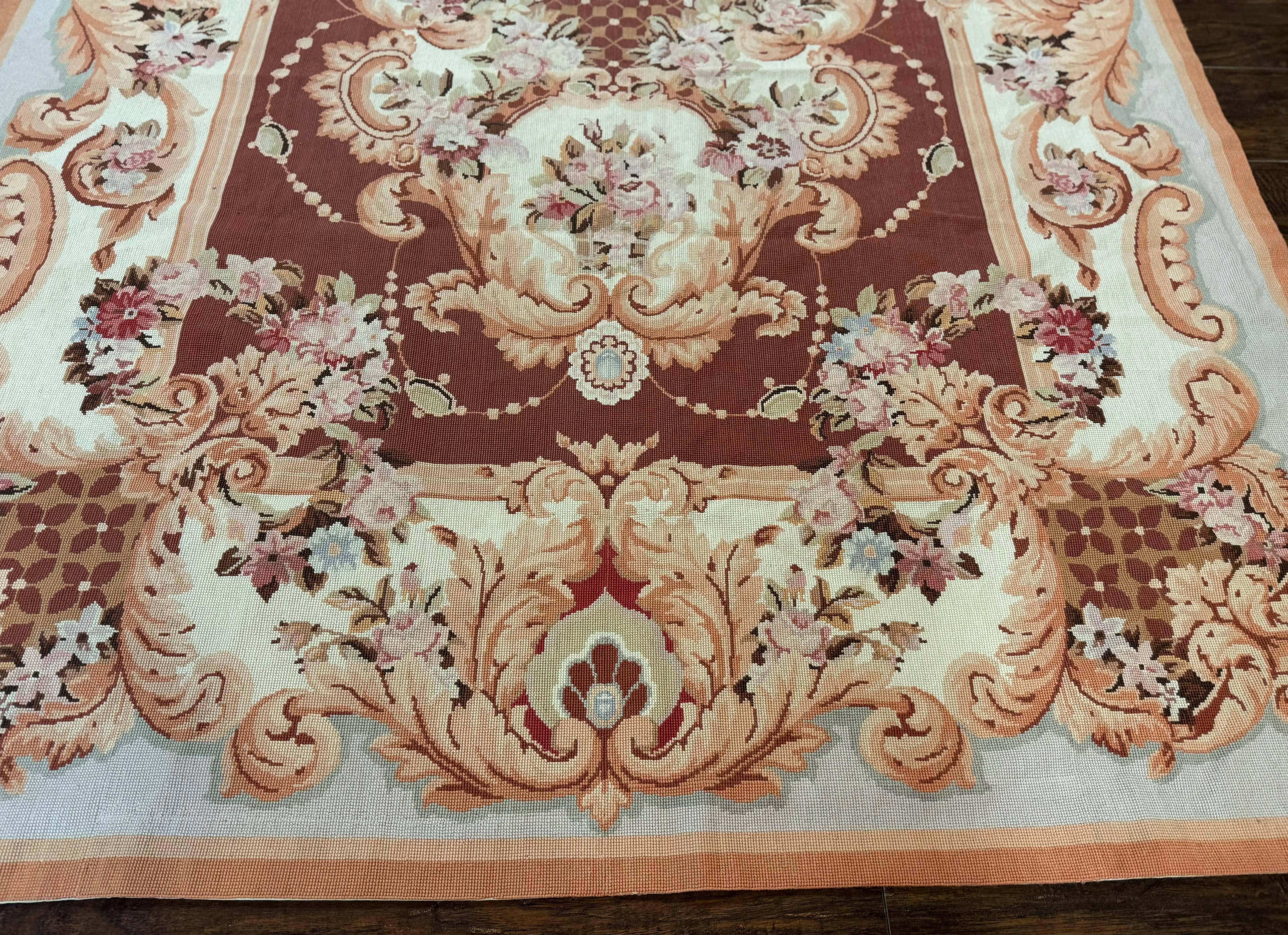 Vintage Needlepoint Rug 6x9, Aubusson Rug, Flatweave Wool Elegant Carpet, Medium Size, French European Design - Jewel Rugs