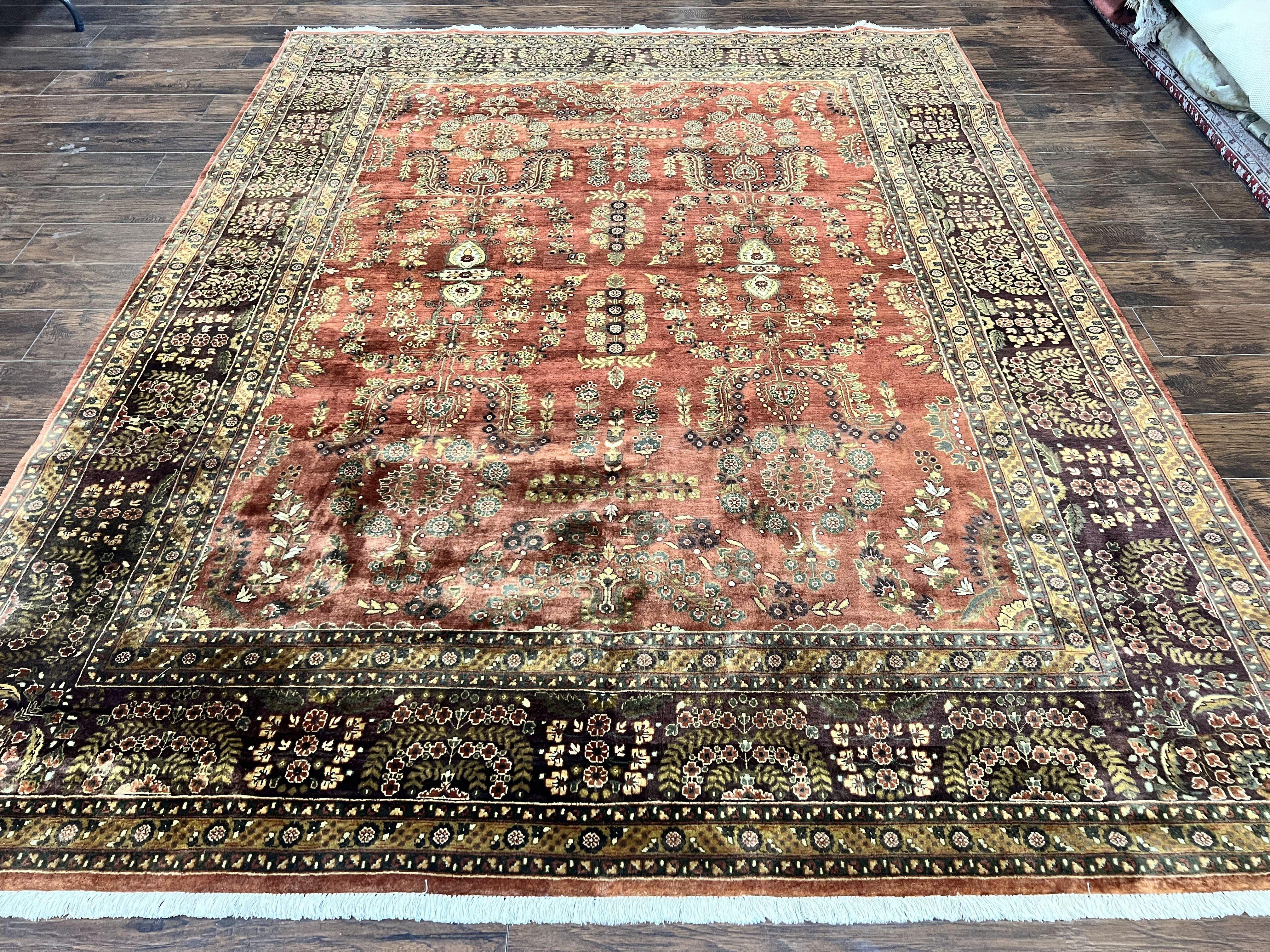 Indo Persian Sarouk Rug 8x10, Indian Oriental Carpet 8 x 10 ft, Red Handmade Wool Fine Floral Allover Vintage Rug, Traditional Rug - Jewel Rugs