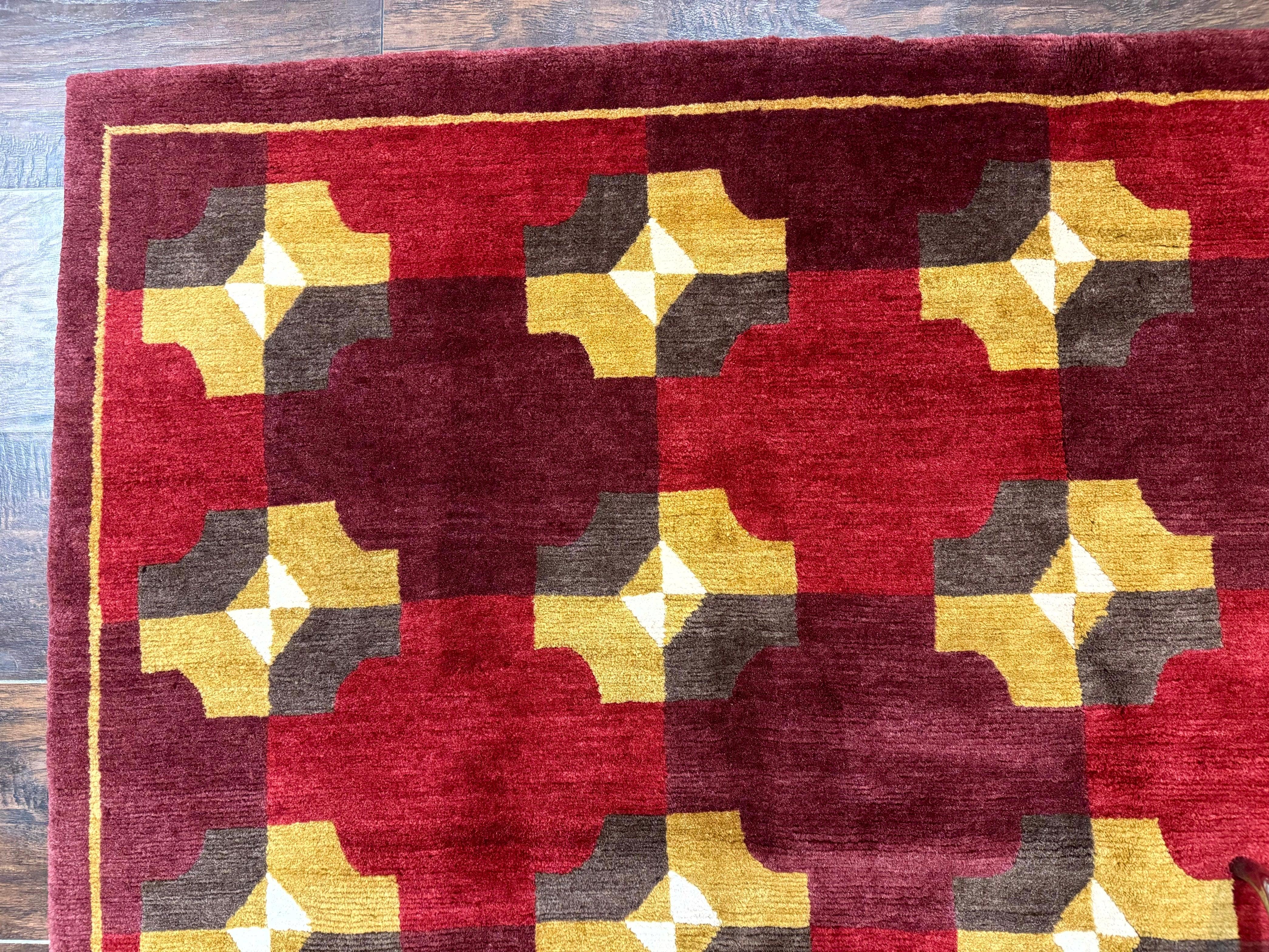 Modern Tibetan Rug 5 x 6.8, Wool, Red, Allover Pattern, Nepali Rug, Abstract Rug, Handmade Area Rug - Jewel Rugs