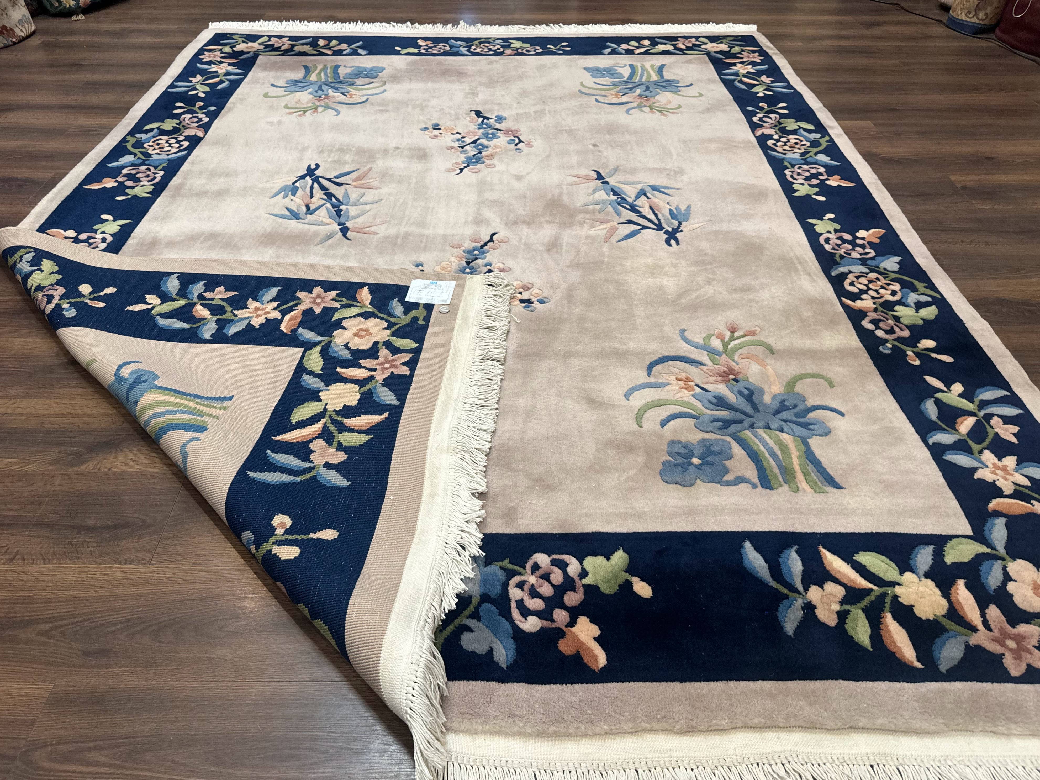Chinese Wool Rug 8x10, Light Gray and Navy Blue, Floral, Chinese 120 Line Carpet - Jewel Rugs