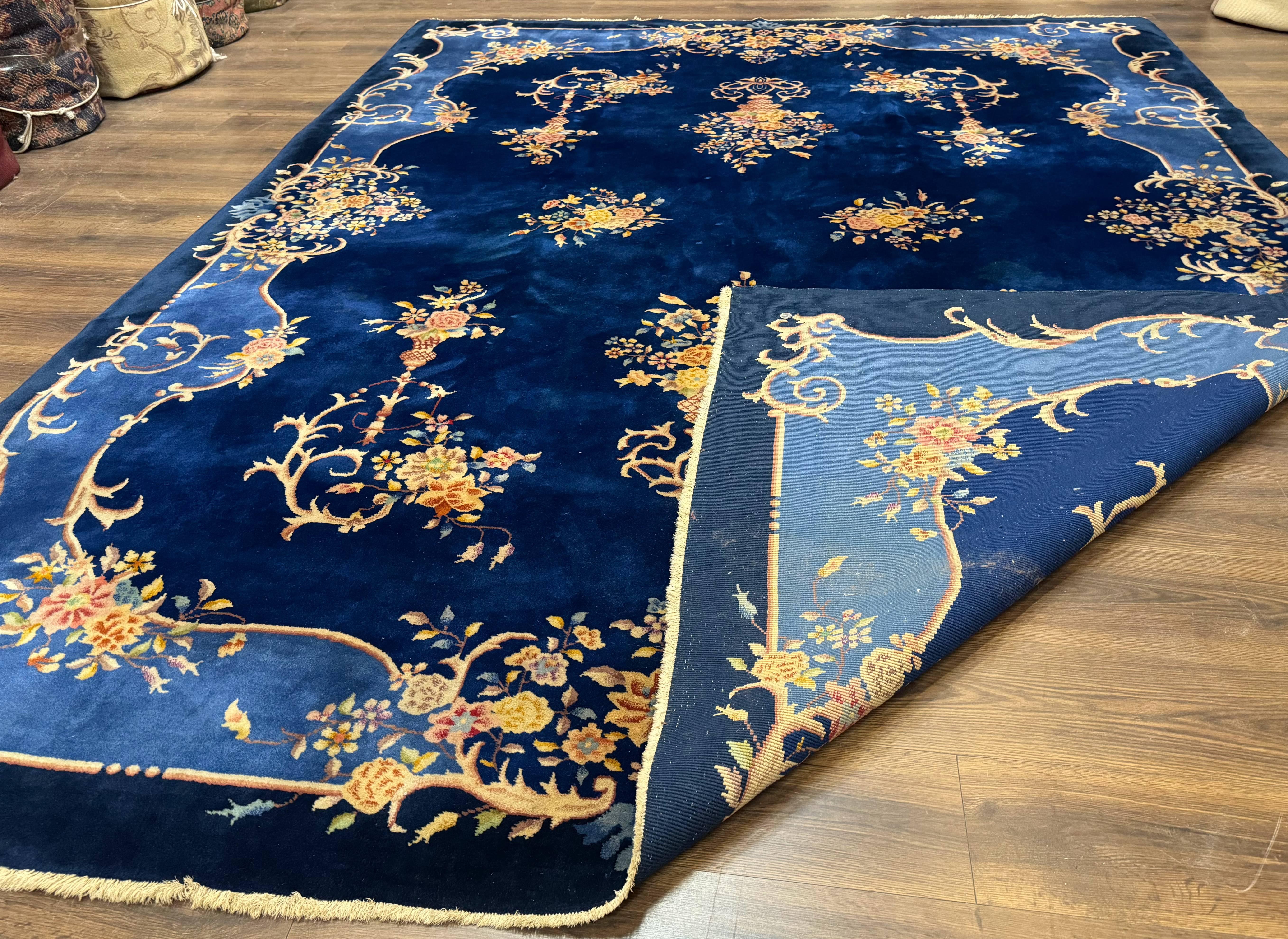 Blue Chinese Art Deco Rug 9x12, Vintage Antique Chinese Wool Rug, Chinese Fette Rug - Jewel Rugs