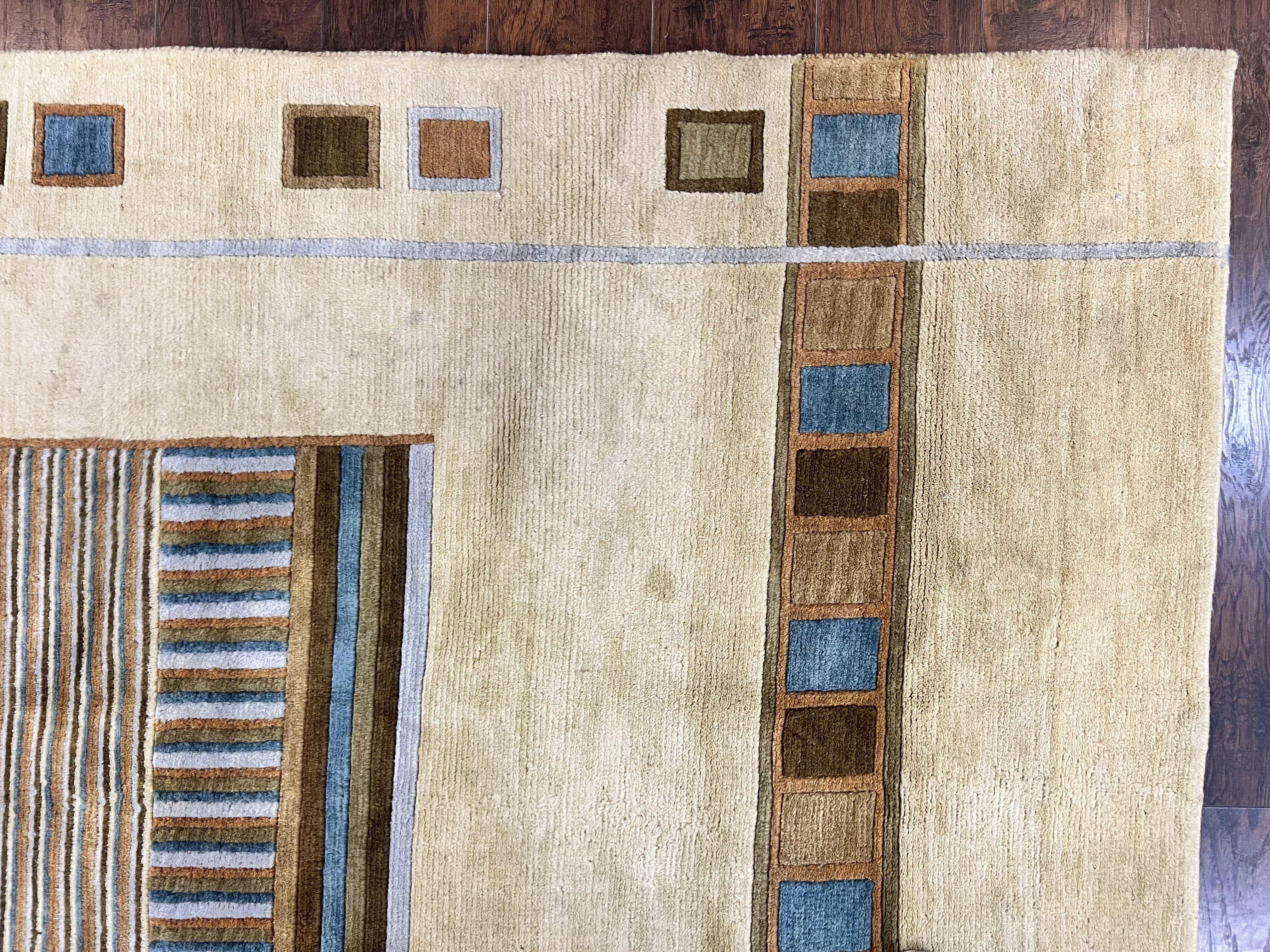 Tibetan Rug 5x8, Contemporary Rug 5 x 8 ft, Cream Brown Blue Hand-Knotted Wool w/ Silk Highlights Tibetan Carpet, Modern Rug - Jewel Rugs