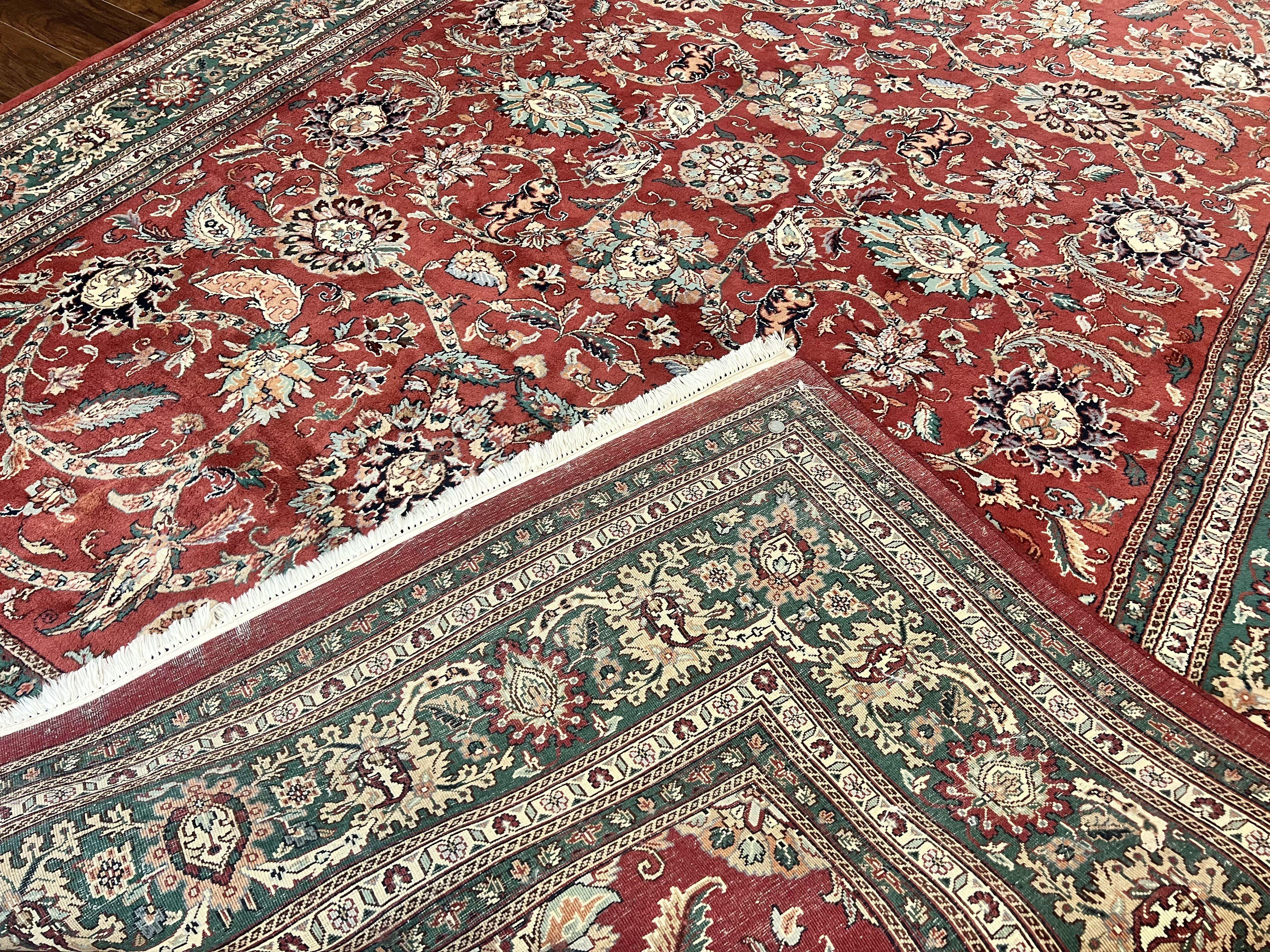 Indo Persian Rug 9x12, Wool Hand Knotted Vintage Carpet, Red & Green, Floral Allover 9 x 12 Room Sized Oriental Rug - Jewel Rugs