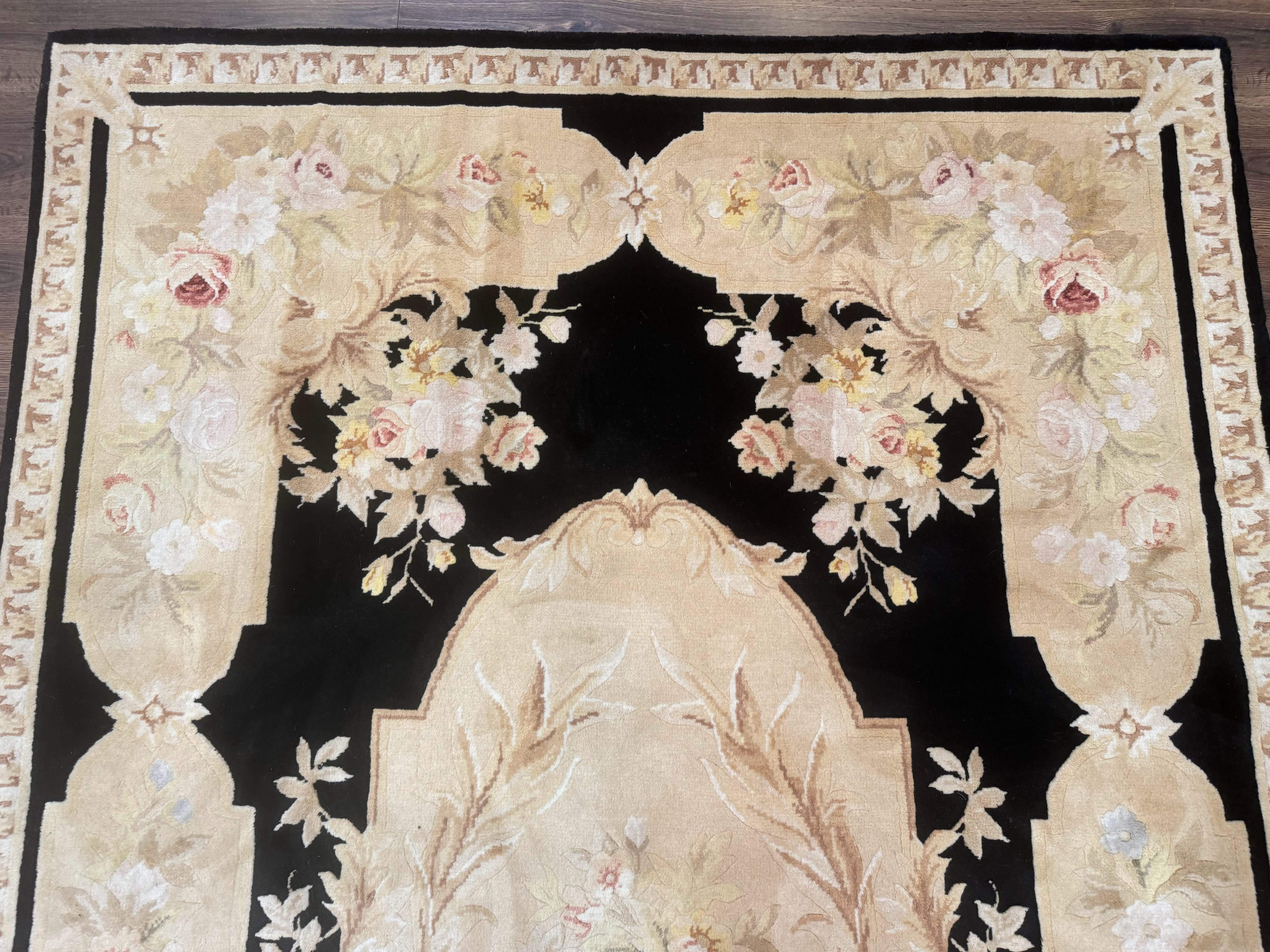 Chinese Aubusson Rug 6x9, Wool Pile, Black, Floral, Elegant - Jewel Rugs
