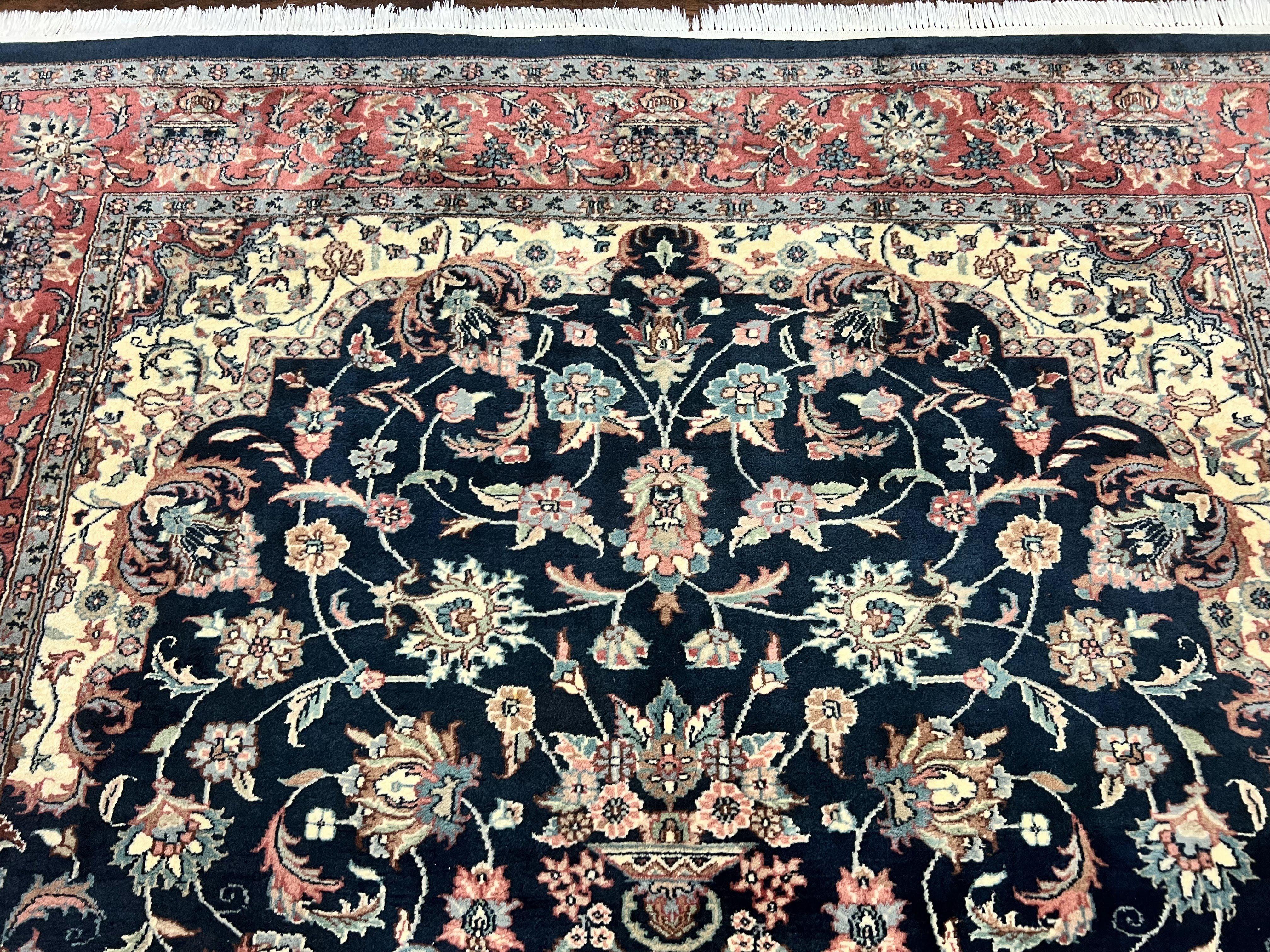 Pak Persian Rug, Floral Medallion, Dark Blue & Rose, Traditional Oriental Carpet, Handmade Wool Vintage Medium Size Rug - Jewel Rugs