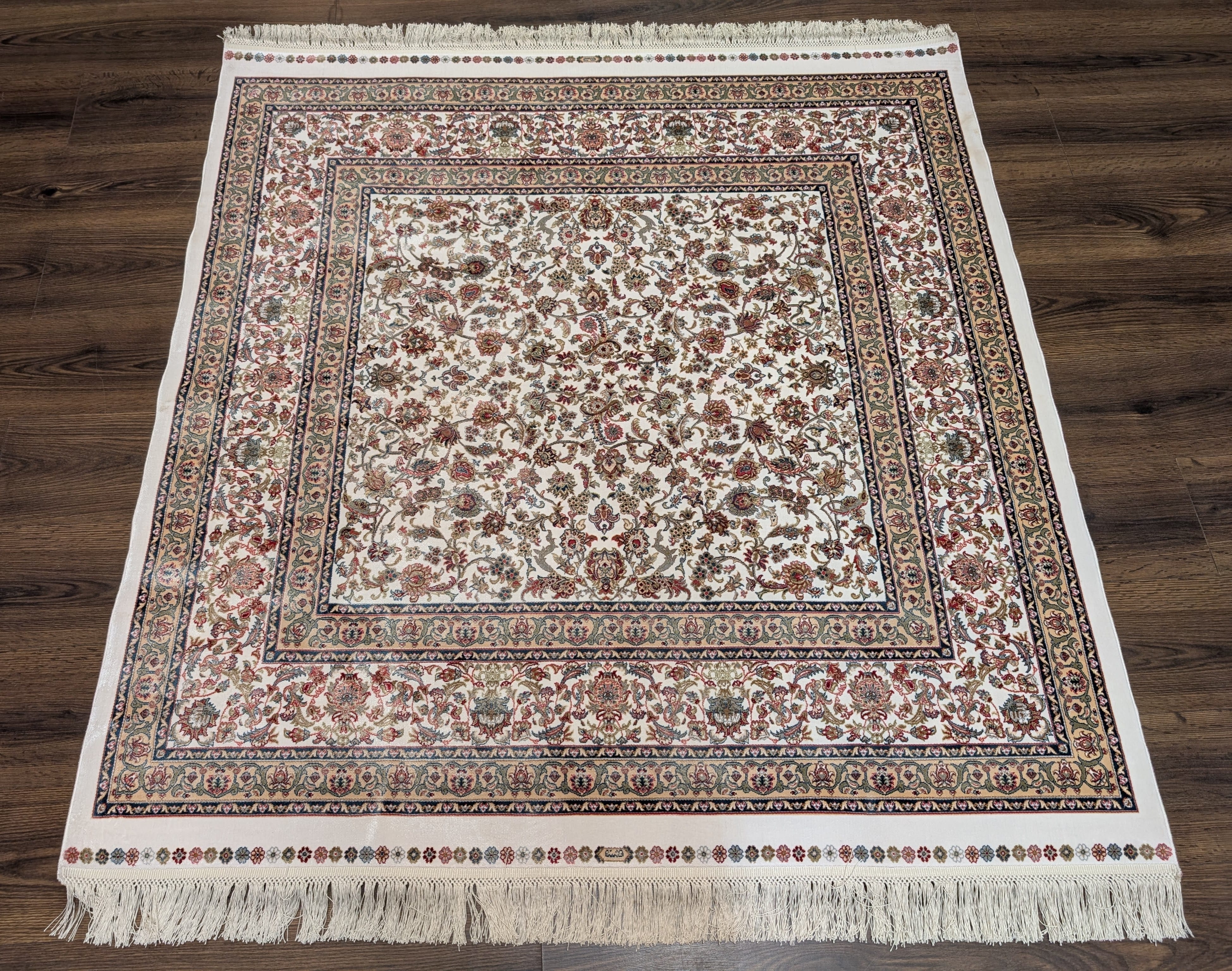Square Silk Rug 5x5, Turkish Silk Carpet, Ivory, New, Bamboo Silk - Jewel Rugs