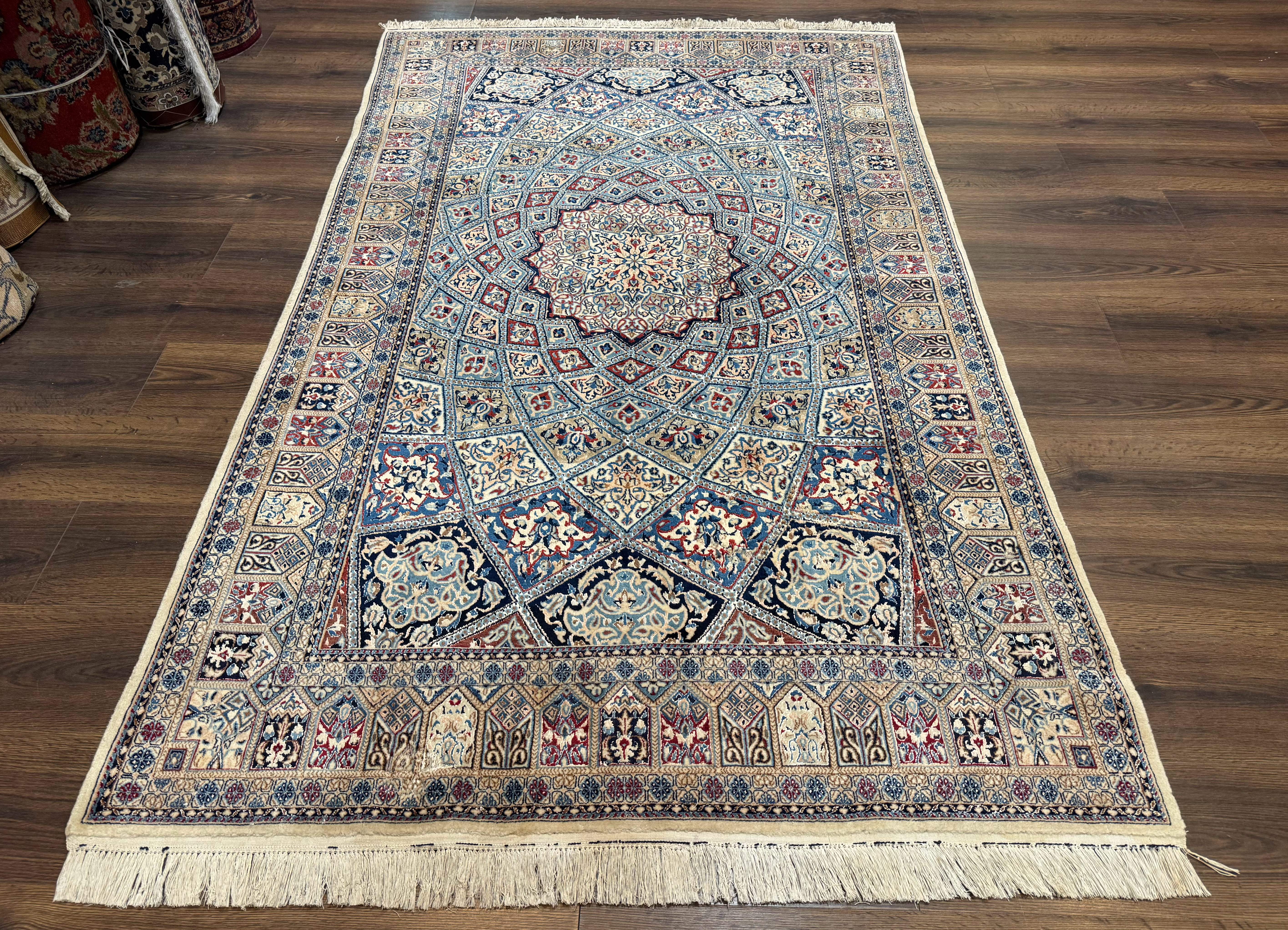 Persian Nain Rug 5x7, Very Fine 500 KPSI, Ivory and Blue, Dome Design, Wool & Silk - Jewel Rugs