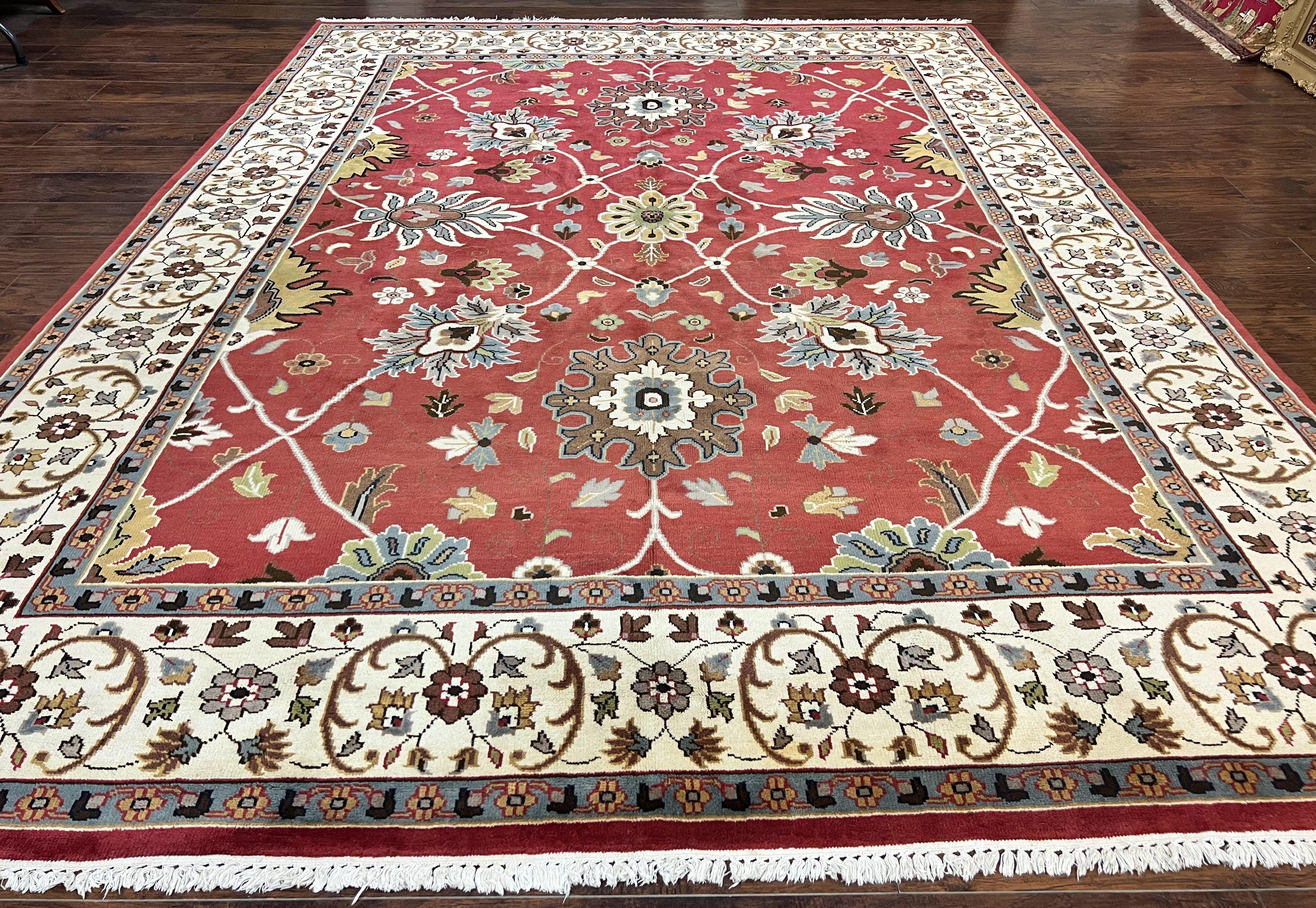 Indo Persian Rug 9x12, Wool Hand Knotted Vintage Carpet, Red & Ivory, Floral Allover, 9 x 12 Room Sized Rug - Jewel Rugs