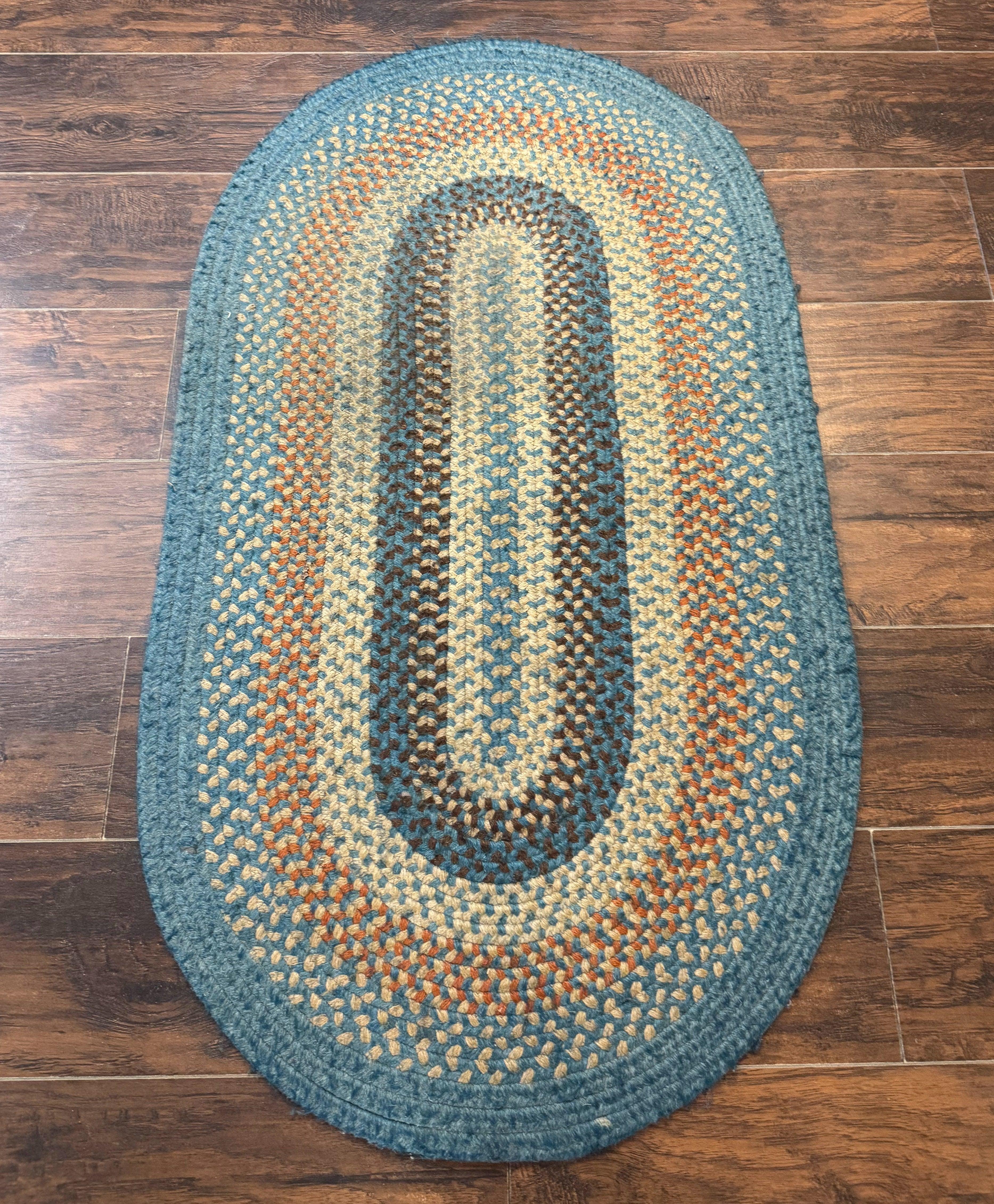 Small Oval Braided Rug 2x4, Multicolor American Braided Carpet, Light Blue, Wool - Jewel Rugs
