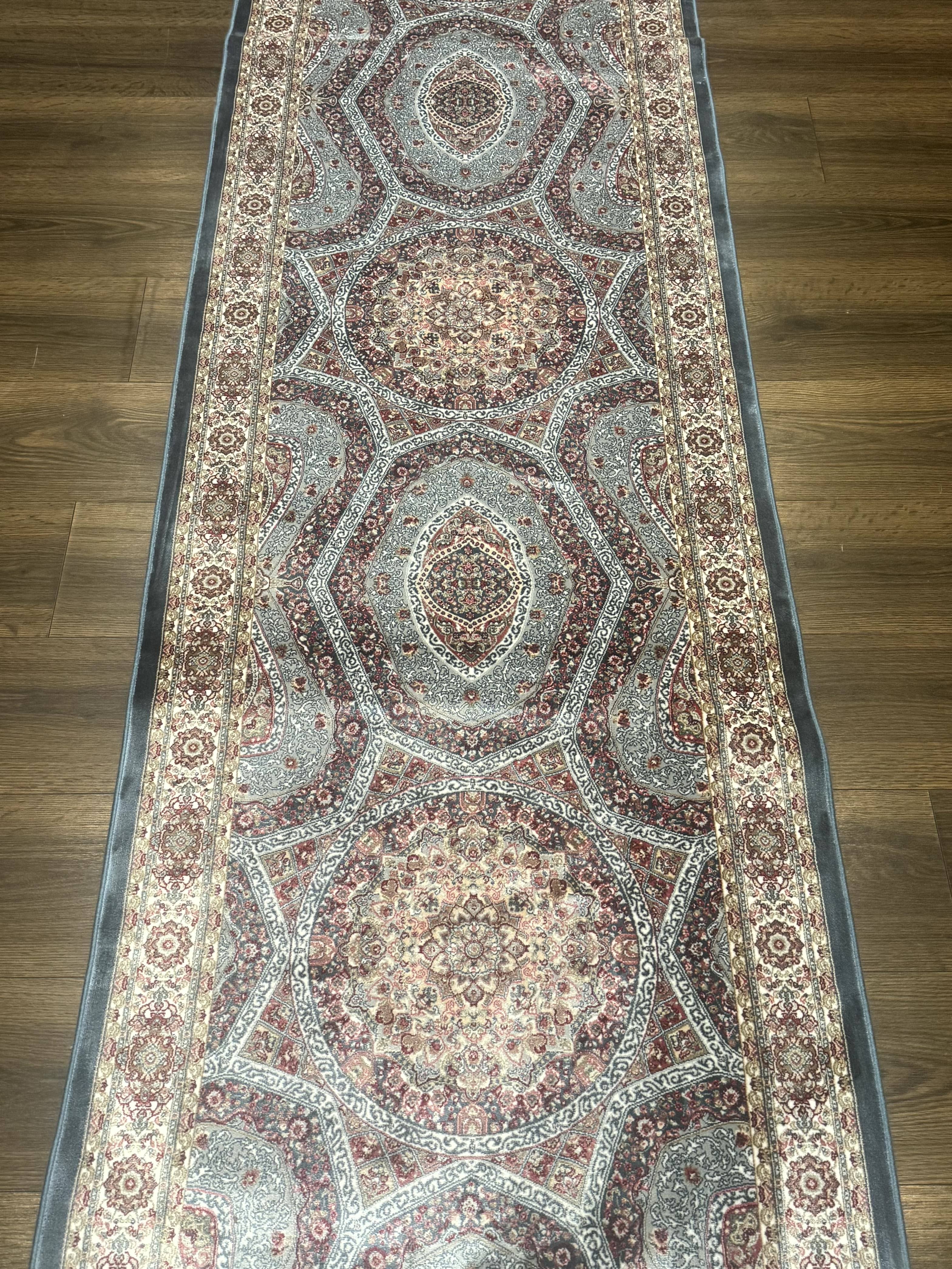 Turkish Silk Runner Rug 2.6 x 13, Blue Runner Rug, Dome Design, Bamboo Silk, New - Jewel Rugs