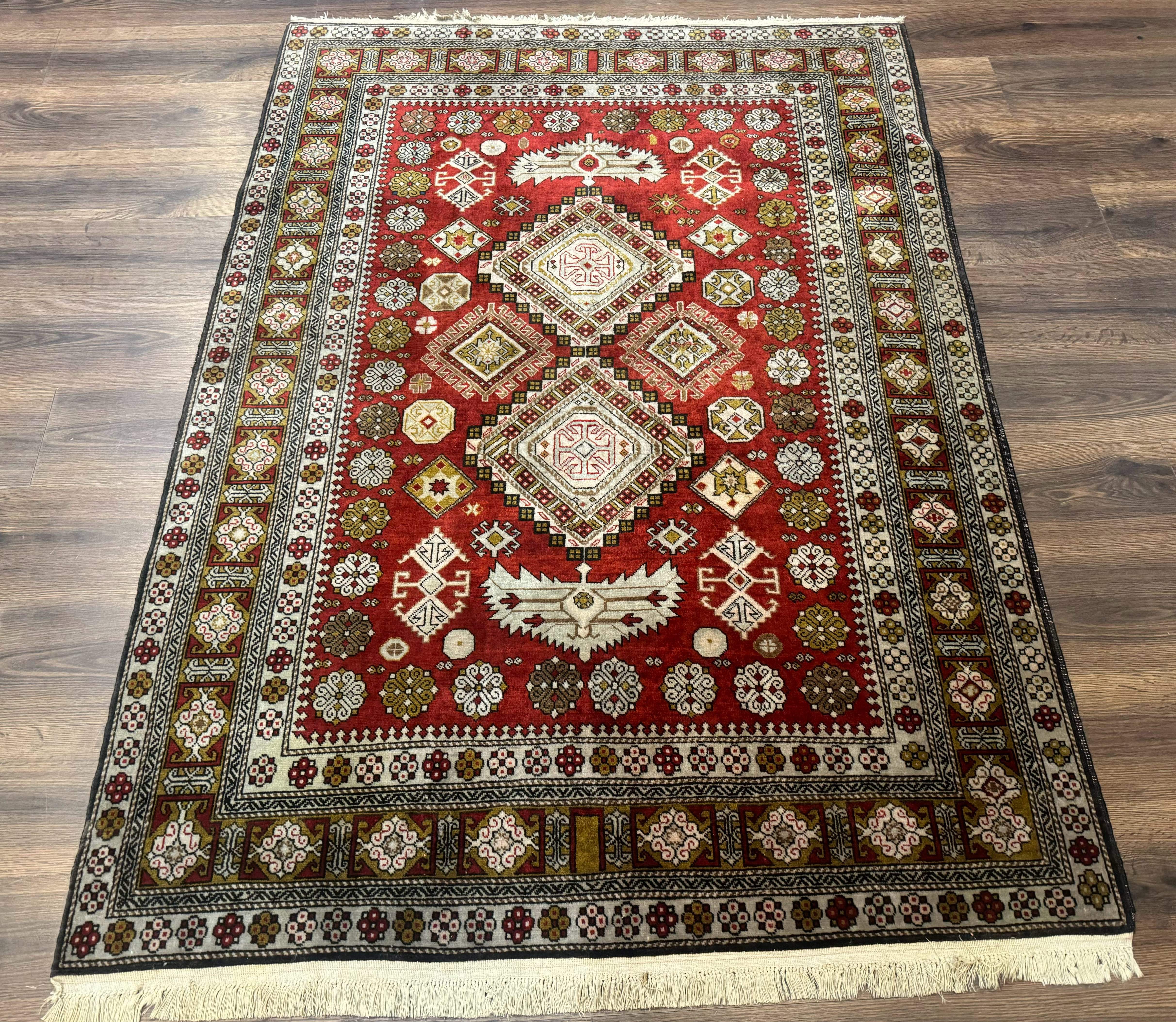 Caucasian Rug 4x6 – Rust Red, Hand-Knotted Wool Shirvan Carpet, Geometric Medallions - Jewel Rugs