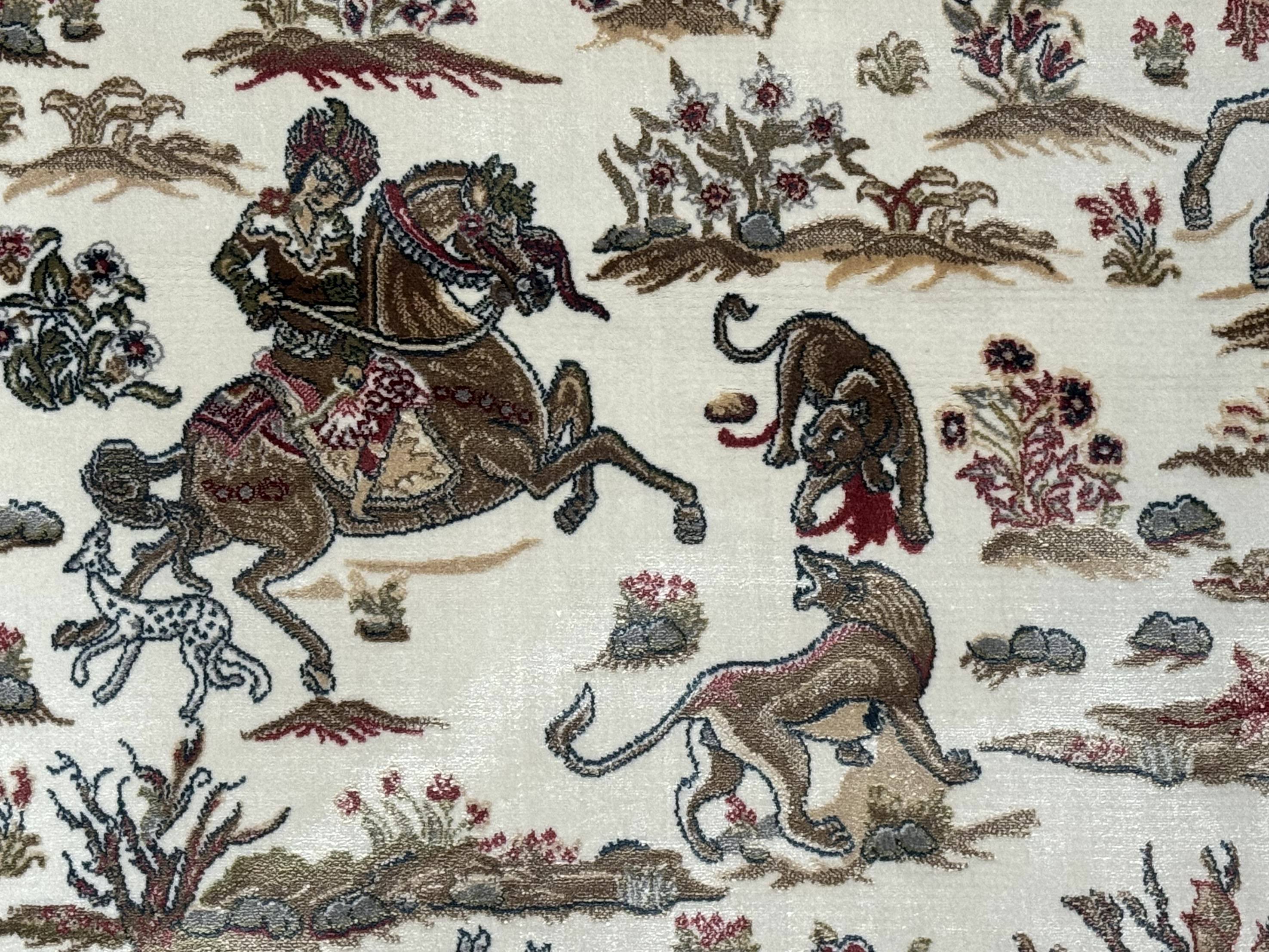 Turkish Silk Hunting Scene Rug 4x6, Ivory, Bamboo Silk, New - Jewel Rugs