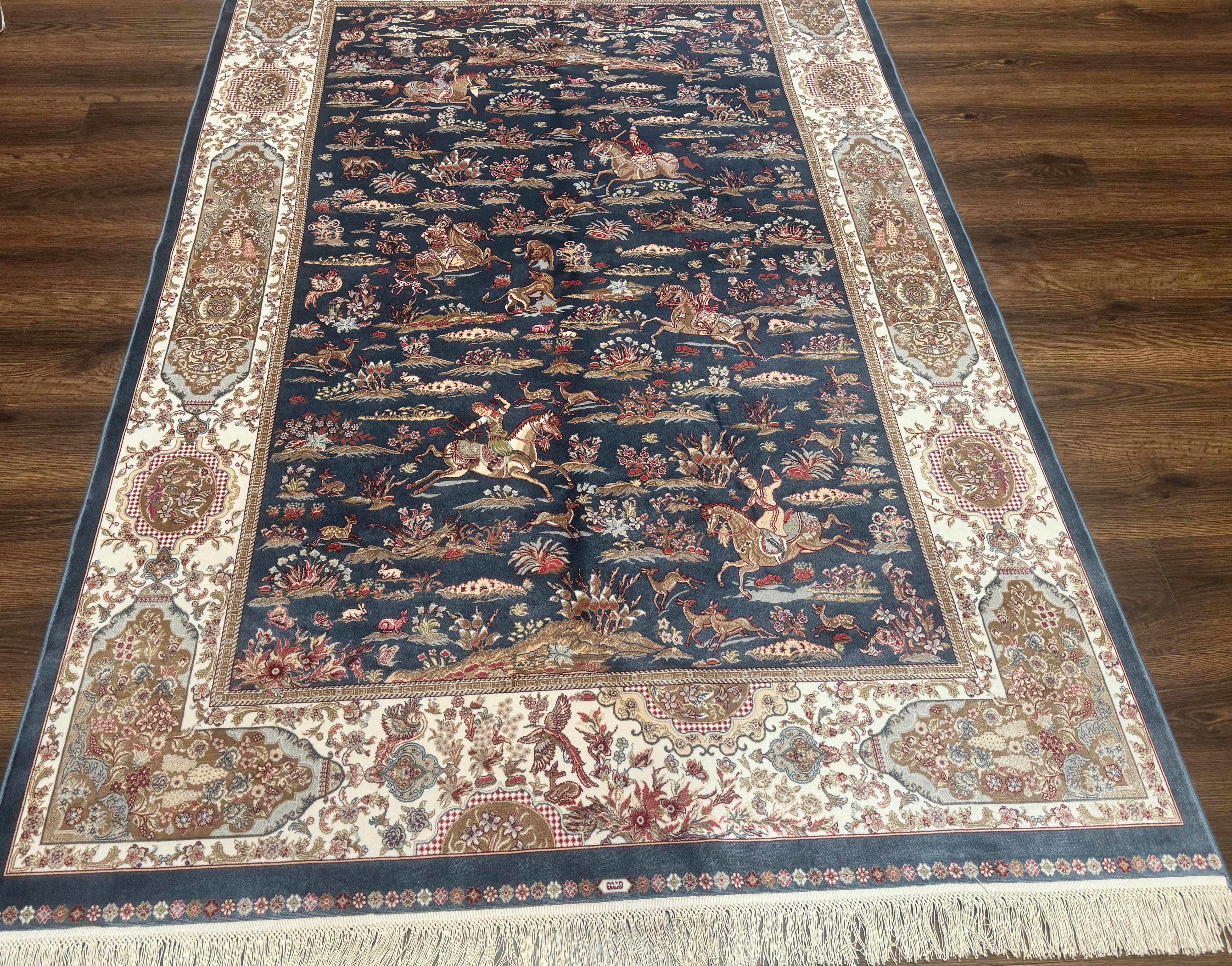 Turkish Silk Rug 5x8, Hunting Design, Animal Pictorials, Steel Blue & Ivory, Bamboo Silk - Jewel Rugs