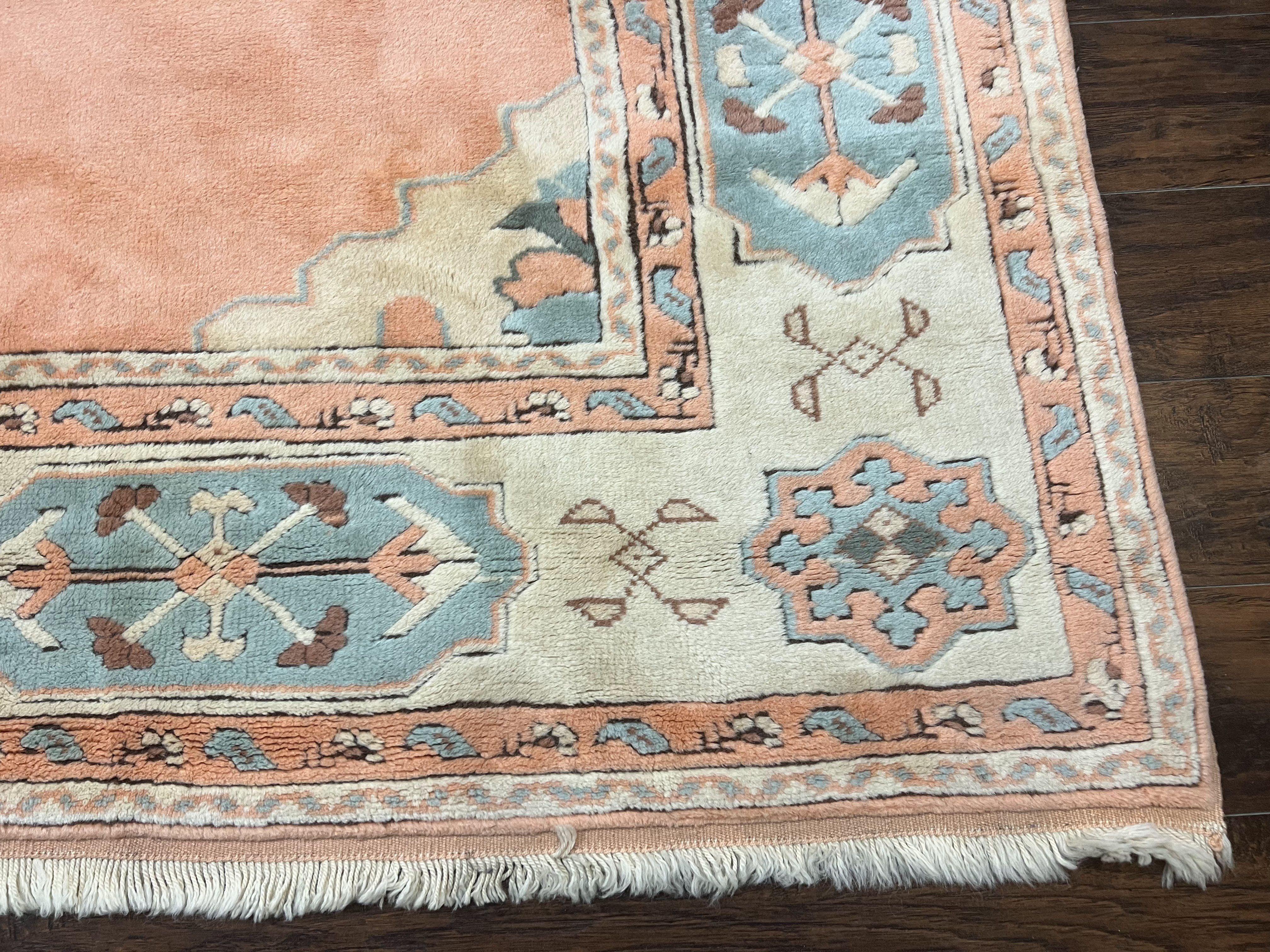 Turkish Oushak Rug 9x12, Wool Hand Knotted Vintage Carpet, Peach Cream Light Blue Room Sized Oriental Rug - Jewel Rugs