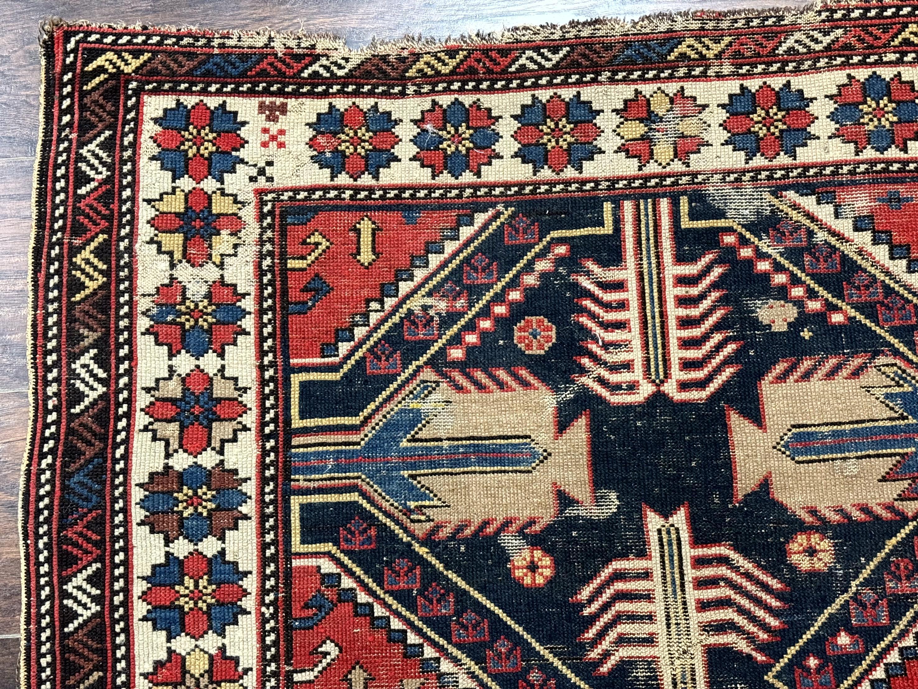 Antique Shirvan Caucasian Rug 3x5, Geometric Pattern, Red Navy Blue Beige - Jewel Rugs