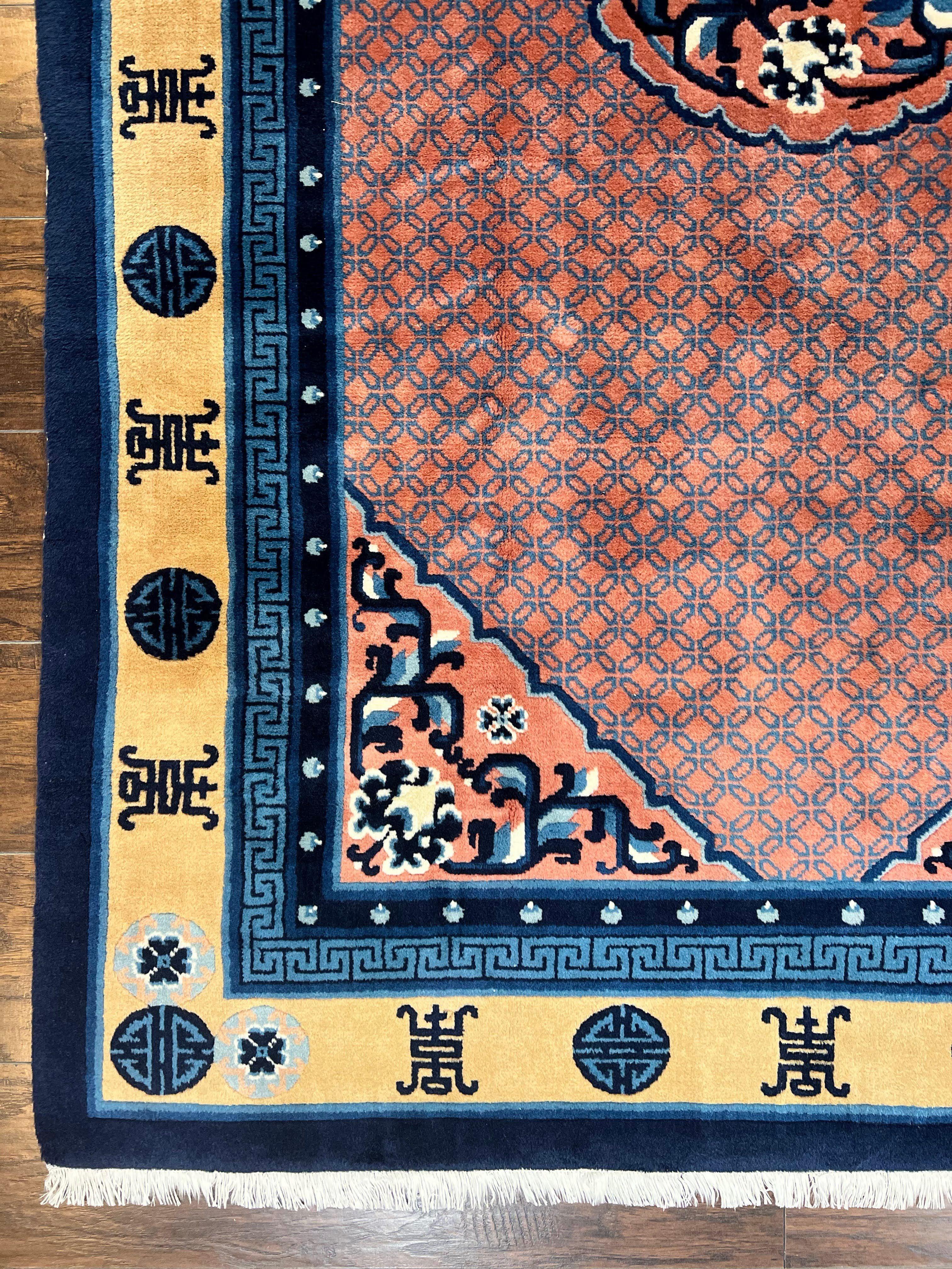 Chinese Peking Rug 5x8, Vintage Semi Antique Chinese Art Deco Carpet, Wool Pile Light Red/Salmon Gold Navy Blue, Handmade Asian Oriental Rug - Jewel Rugs