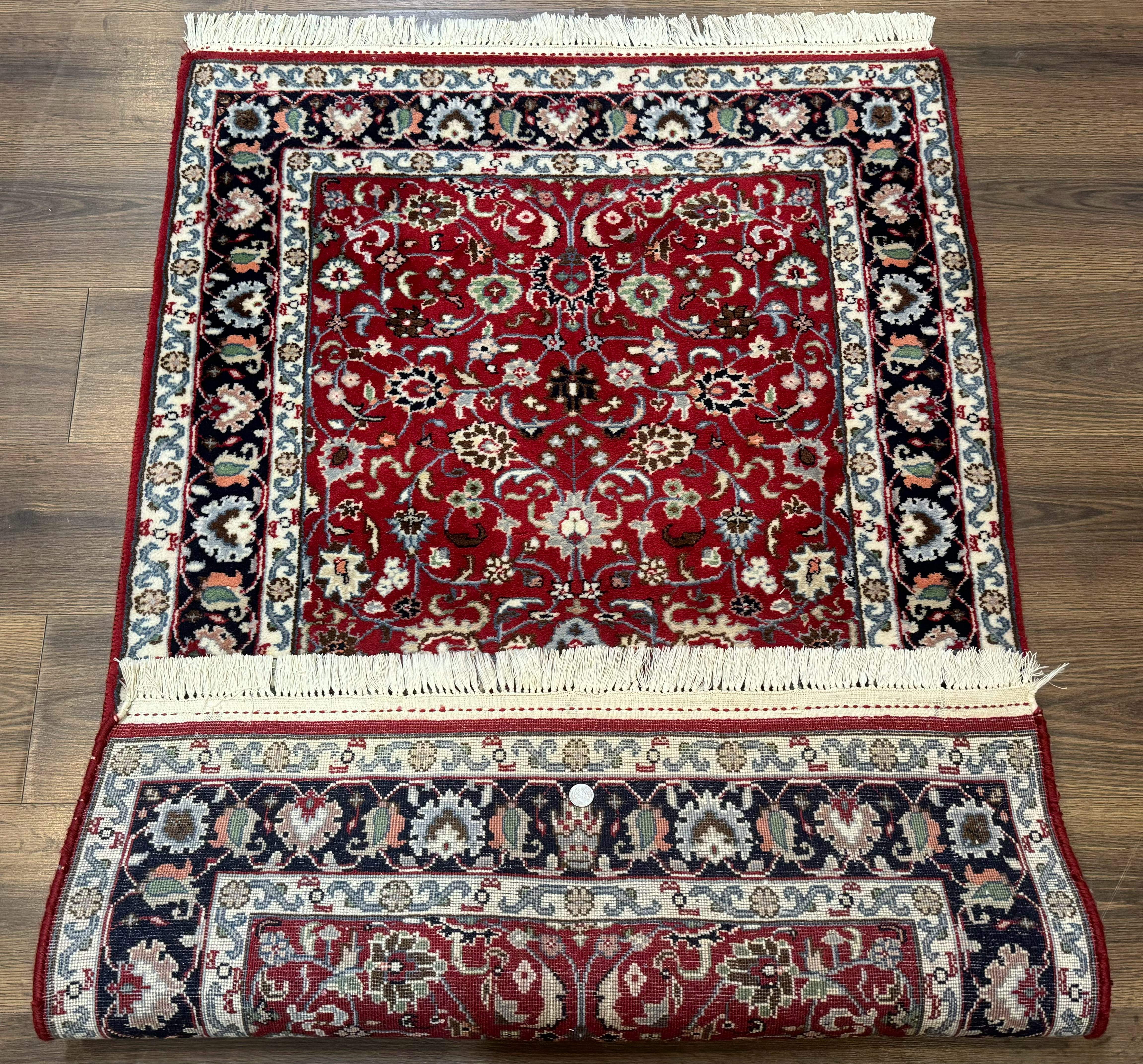 Indo Persian Sarouk Rug 3x5, Red and Dark Blue, Floral, Vintage, Wool - Jewel Rugs