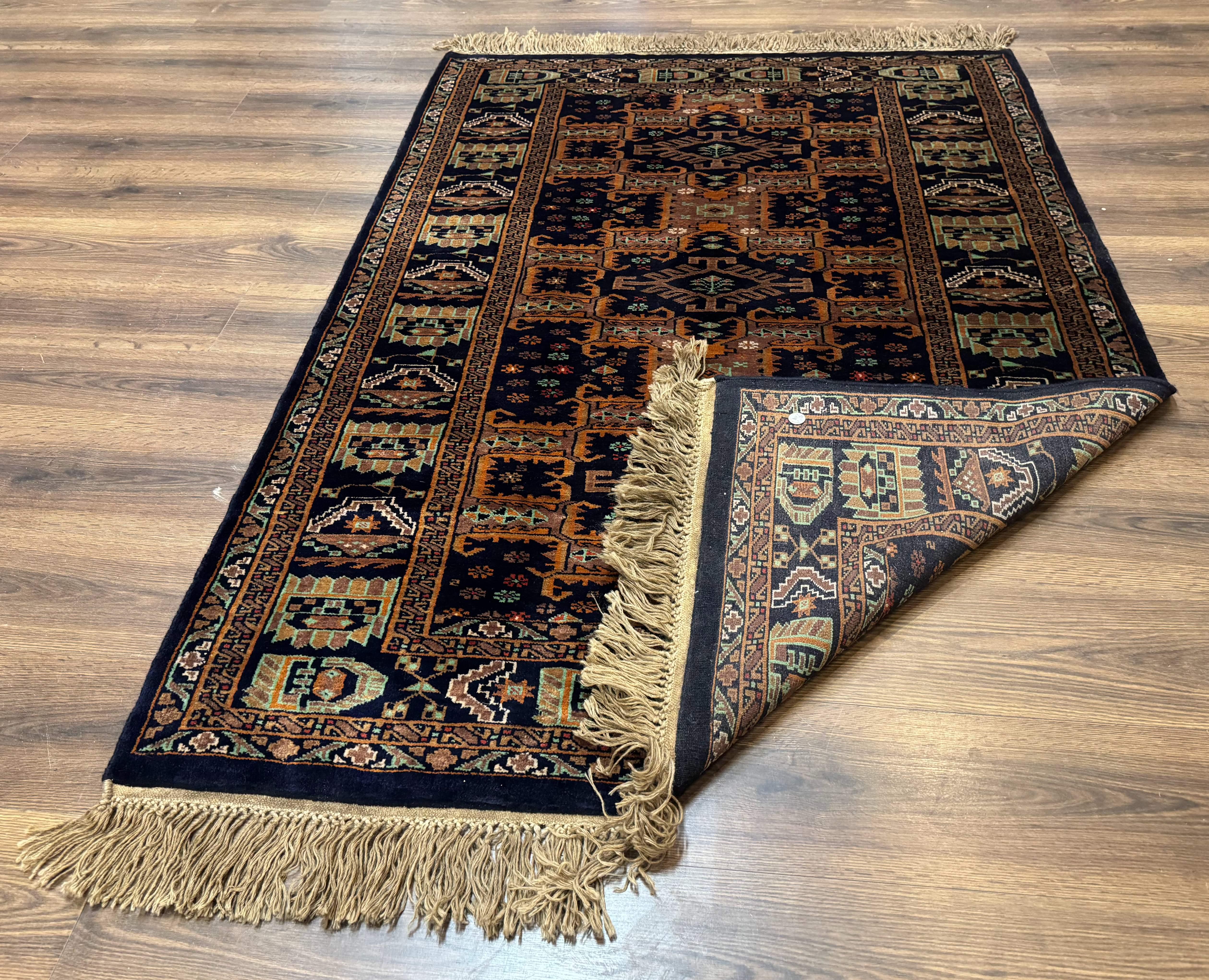 Vintage Afghan Rug 4x6, Navy Blue and Light Brown, Geometric Medallions, Wool on Wool, Tribal Rug - Jewel Rugs