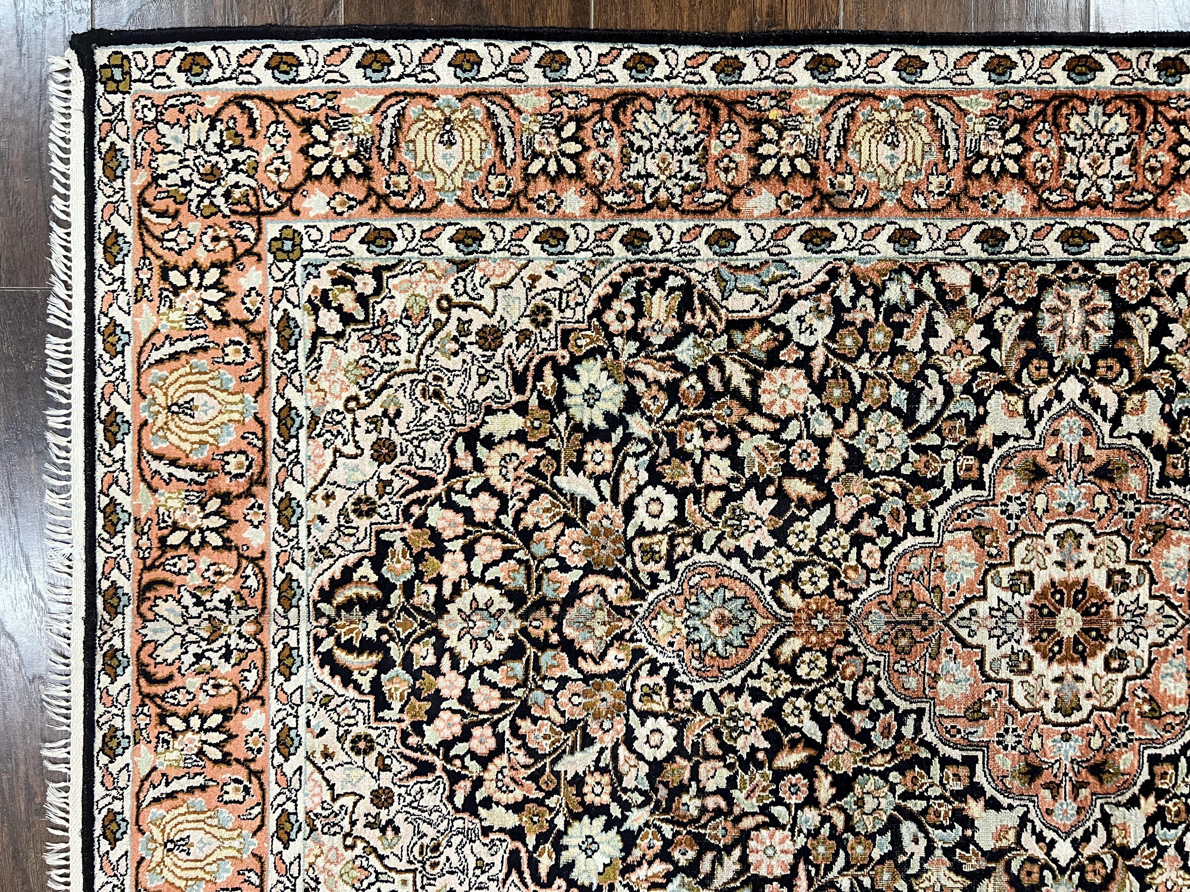 Silk Indian Kashmiri Rug 3x5, Indo Persian Silk on Silk Carpet, Very Fine 350 KPSI, Navy Blue, Handmade, Floral Medallion - Jewel Rugs