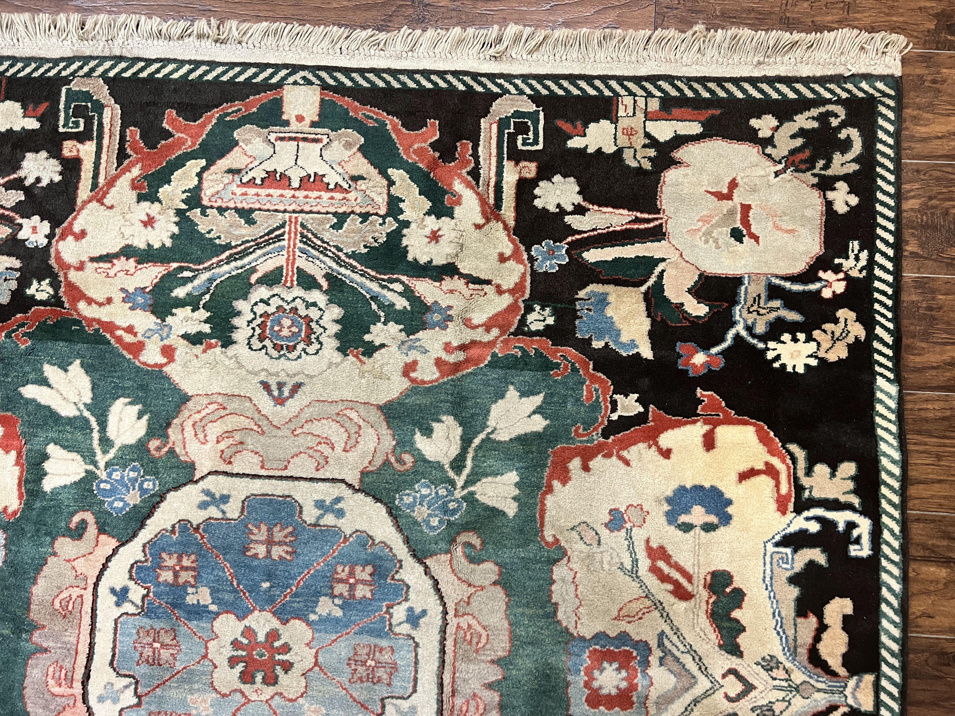 Square Turkish Rug 7x7, Vintage Handmade Wool Carpet, Black Beige Green - Jewel Rugs