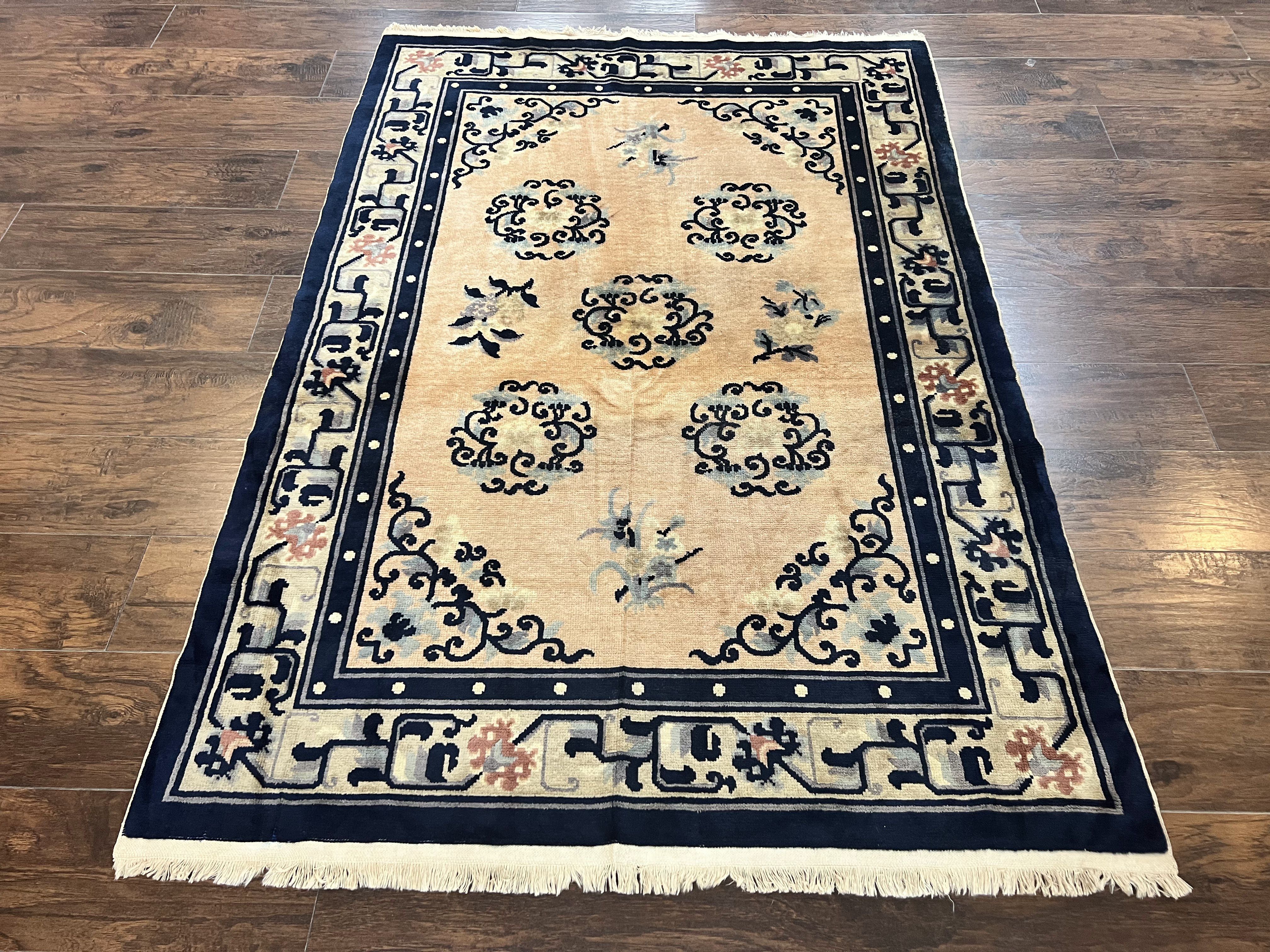 Chinese Peking Rug 4x6, Wool Hand Knotted Handmade Vintage Semi Antique Carpet, Semi Open Field, Light Peach & Navy Blue, Art Deco Rug - Jewel Rugs