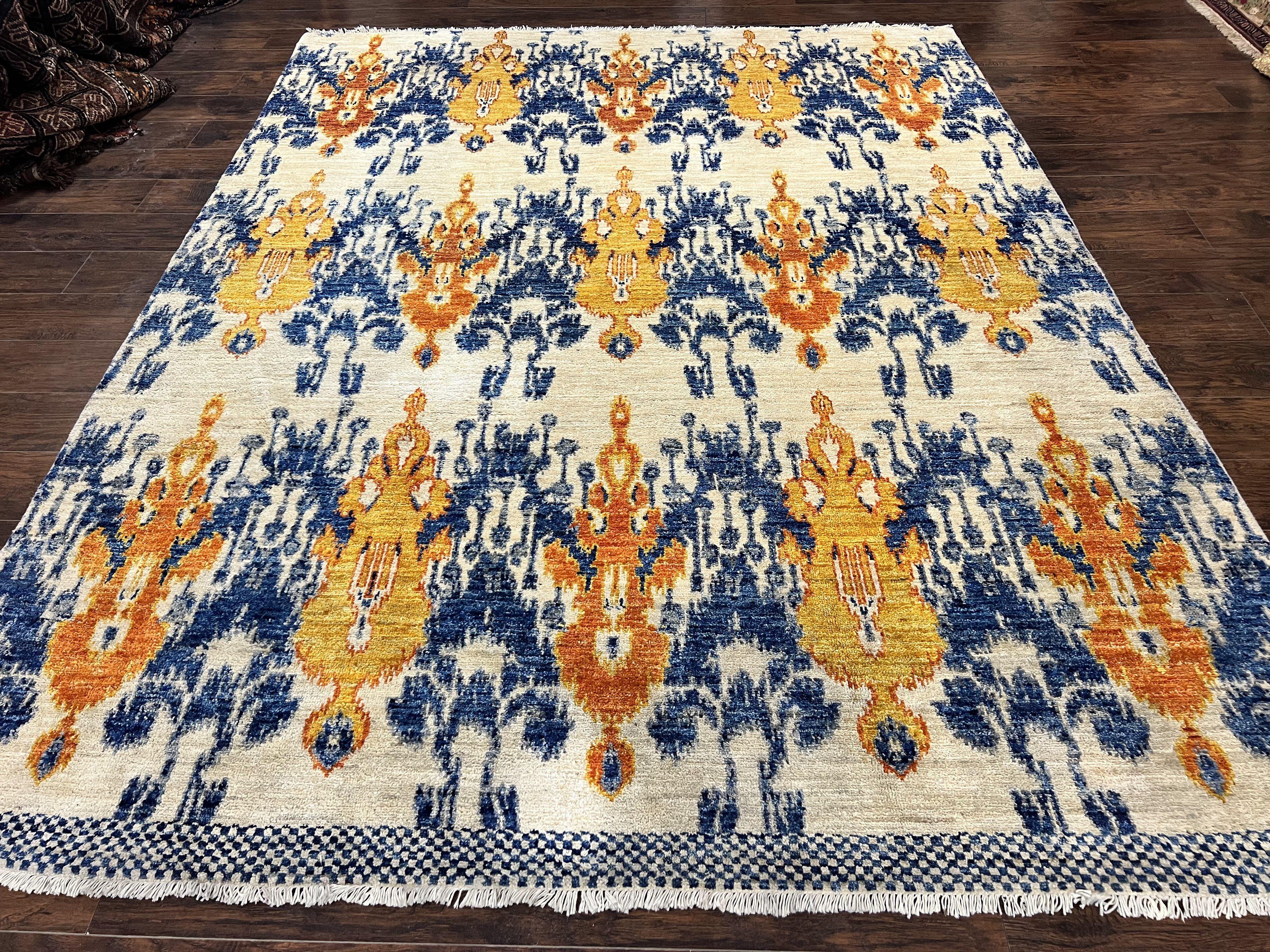 Modern Handmade Wool Rug 8x10, Oatmeat Orange Blue - Jewel Rugs