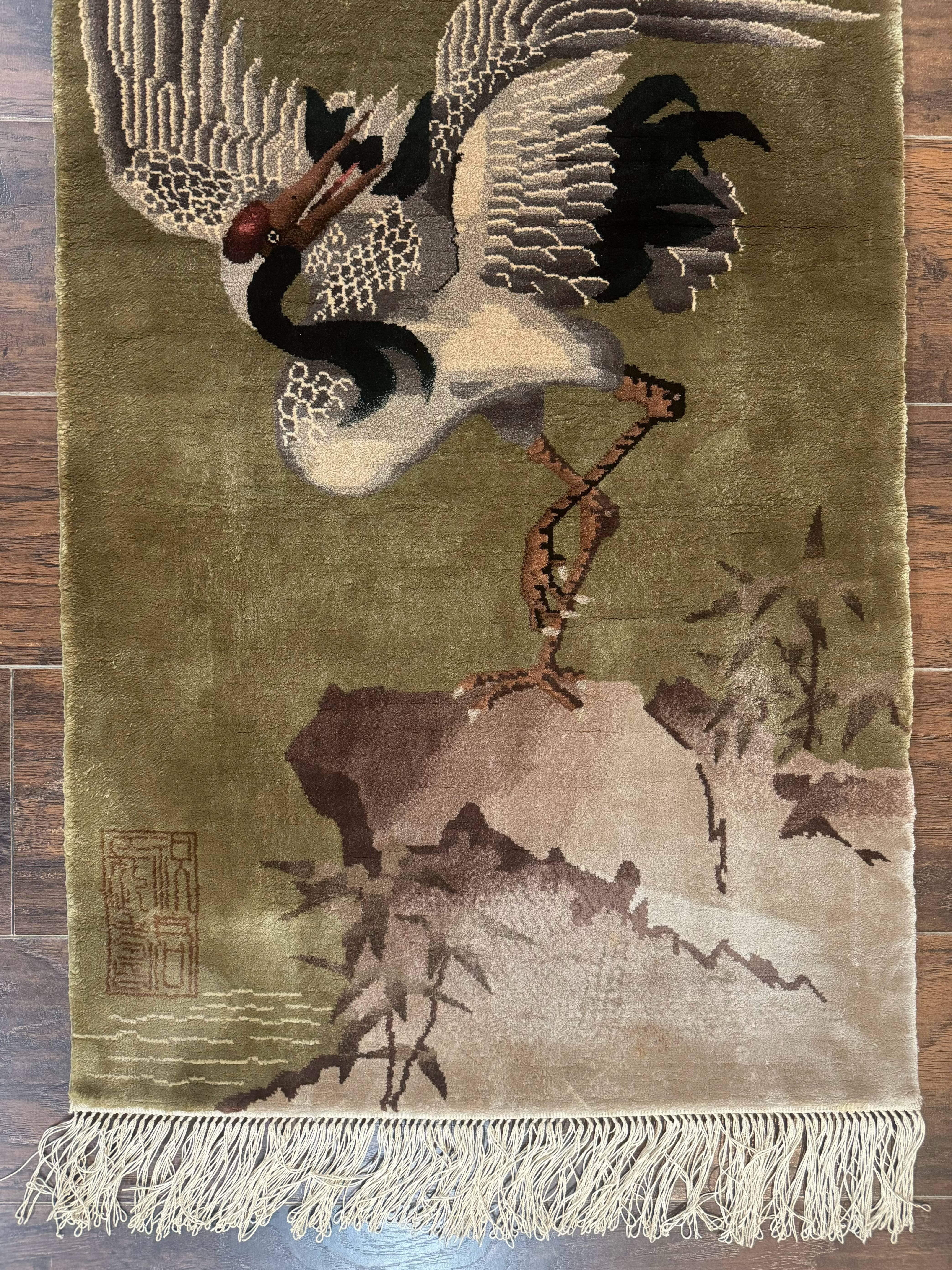 Silk Chinese Wall Hanging 2x4, Vintage Antique, Handmade, Bird on Mountain, Rug Tapestry - Jewel Rugs