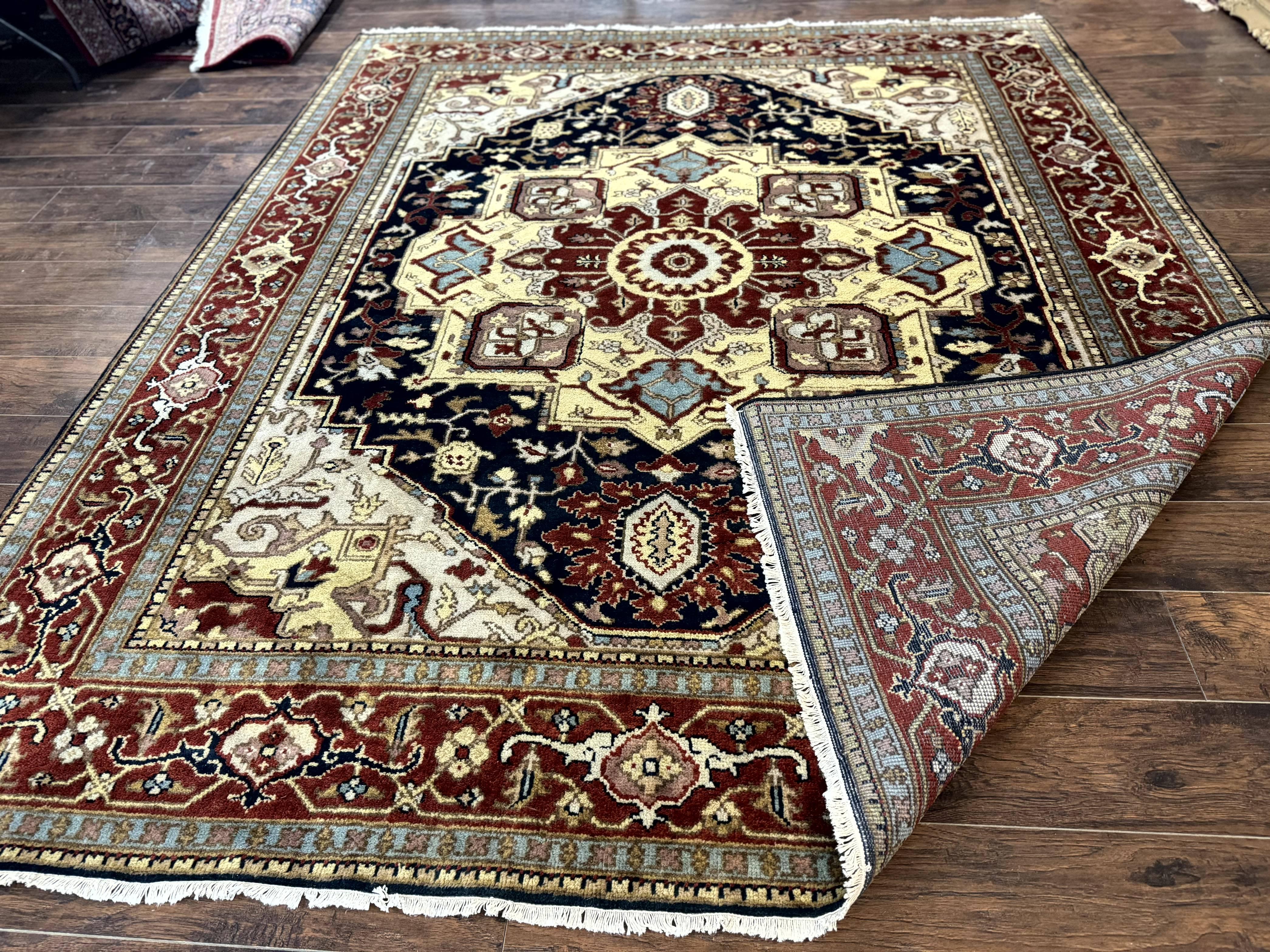 Indo Persian Heriz Rug 8x10, Geometric Medallion, Serapi Carpet, Wool Vintage Rug - Jewel Rugs