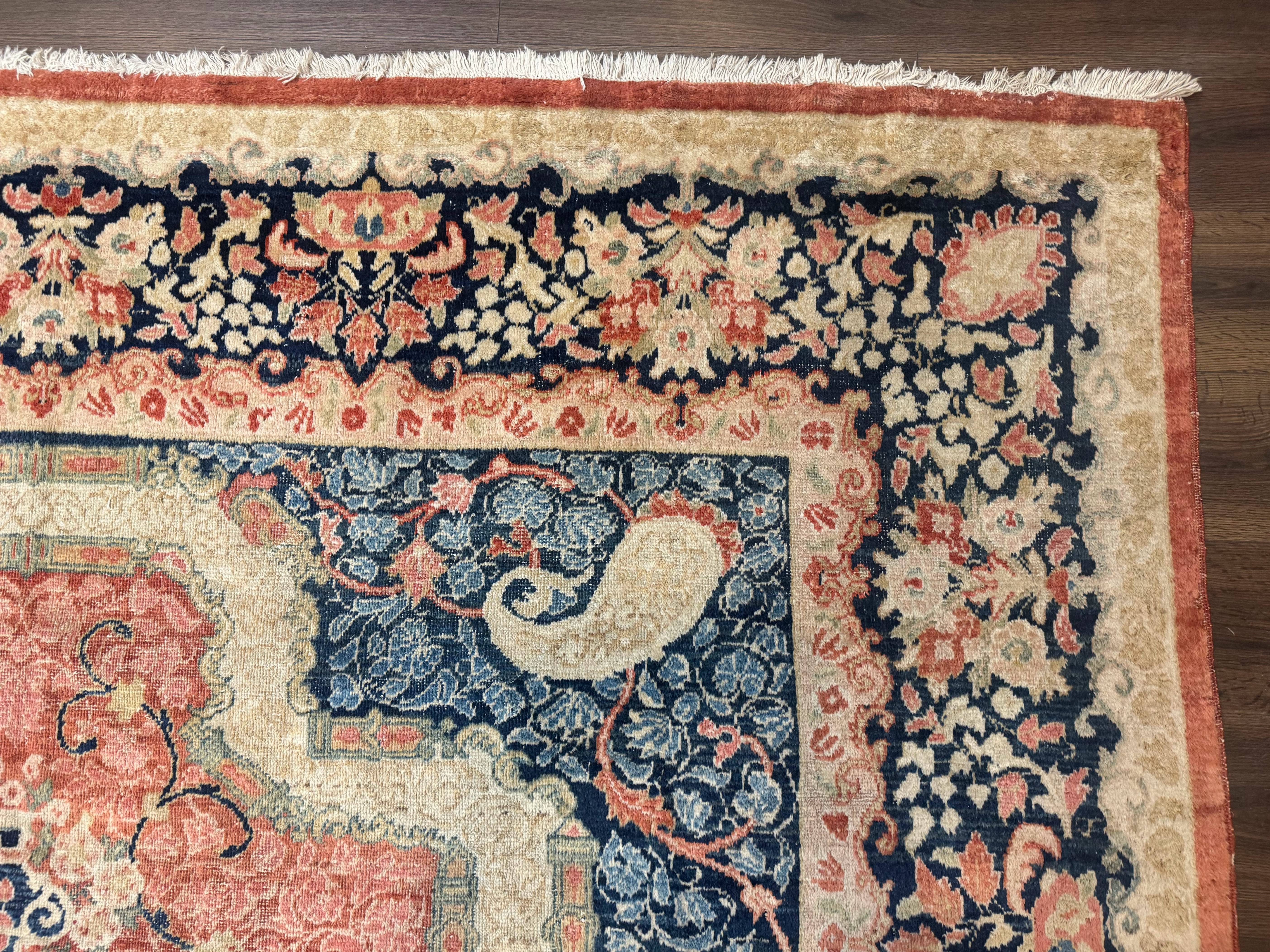 Antique Persian Sarouk Rug 9x12, Boteh Paisleys, Light Red Navy Blue - Jewel Rugs