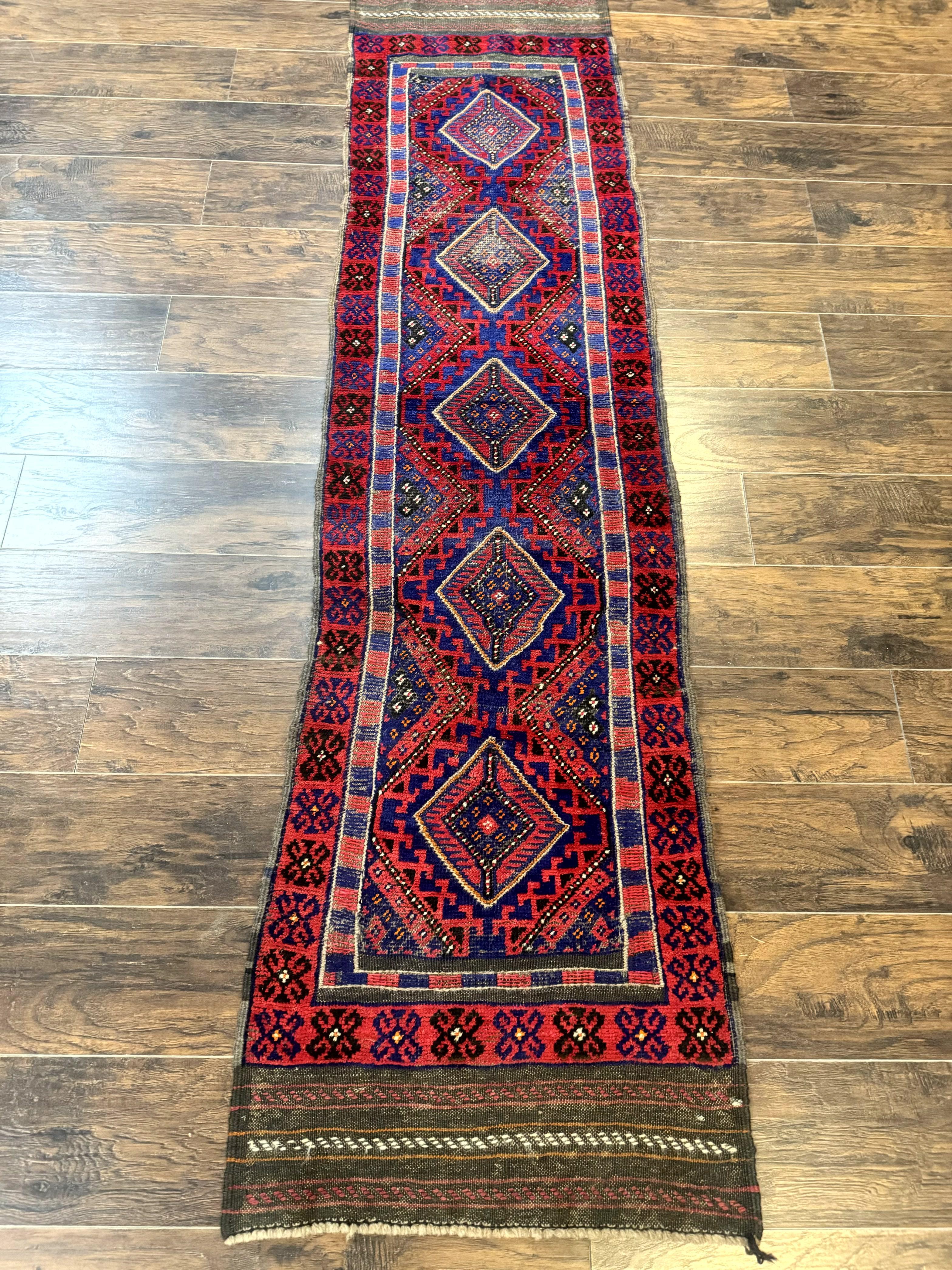 Turkoman Runner Rug 2 x 8.6, Skinny Runner, Handmade Wool Carpet for Hallway, Red and Blue, Wool, Vintage 8ft Runner - Jewel Rugs
