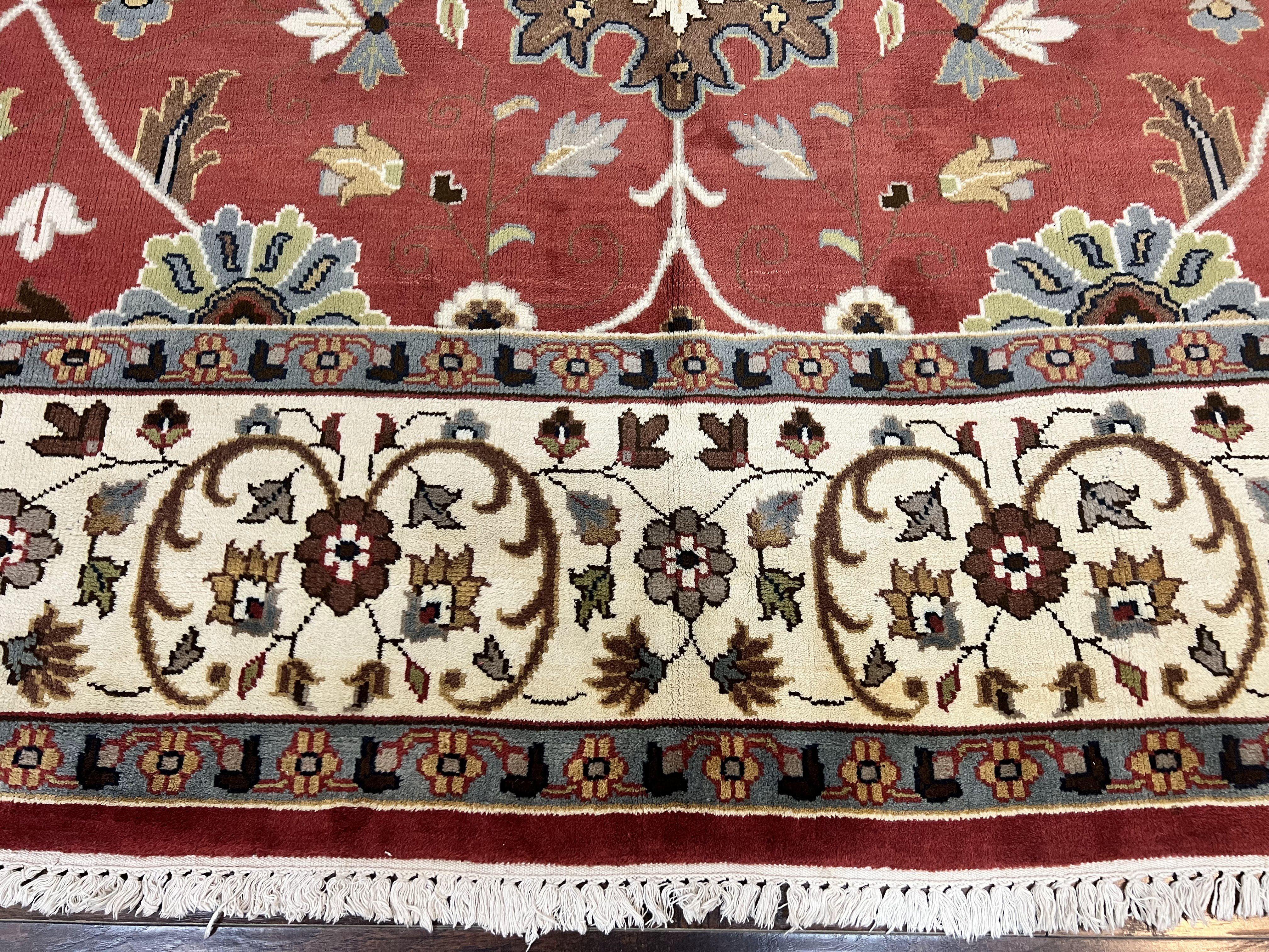 Indo Persian Rug 9x12, Wool Hand Knotted Vintage Carpet, Red & Ivory, Floral Allover, 9 x 12 Room Sized Rug - Jewel Rugs