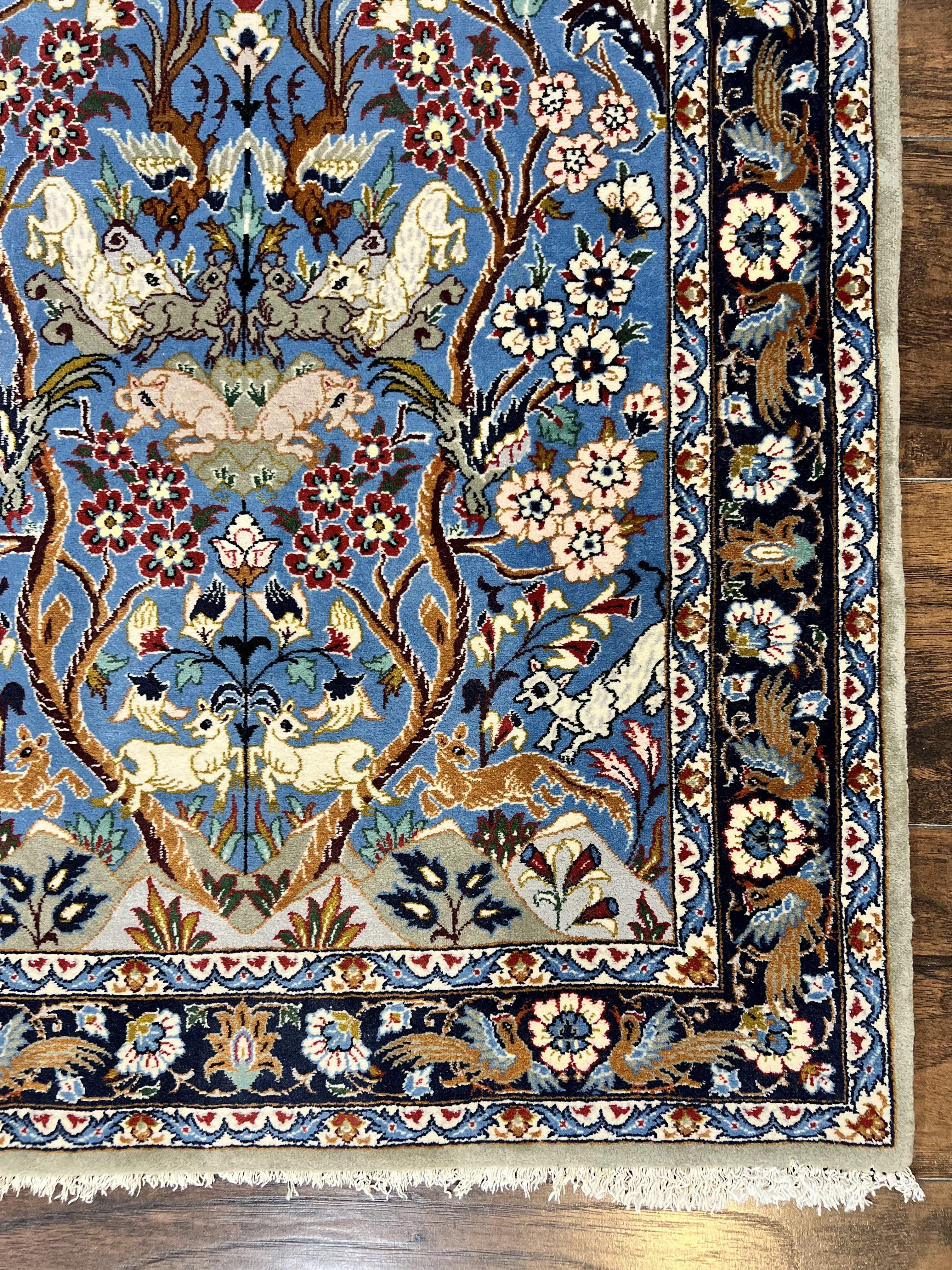 Persian Isfahan Tree of Life Rug 2.5 x 3.8, Animal & Bird Pictorials, Super Fine 500 KSPI, Blue, Handmade, Kork Wool Silk Highlights, Vintage - Jewel Rugs