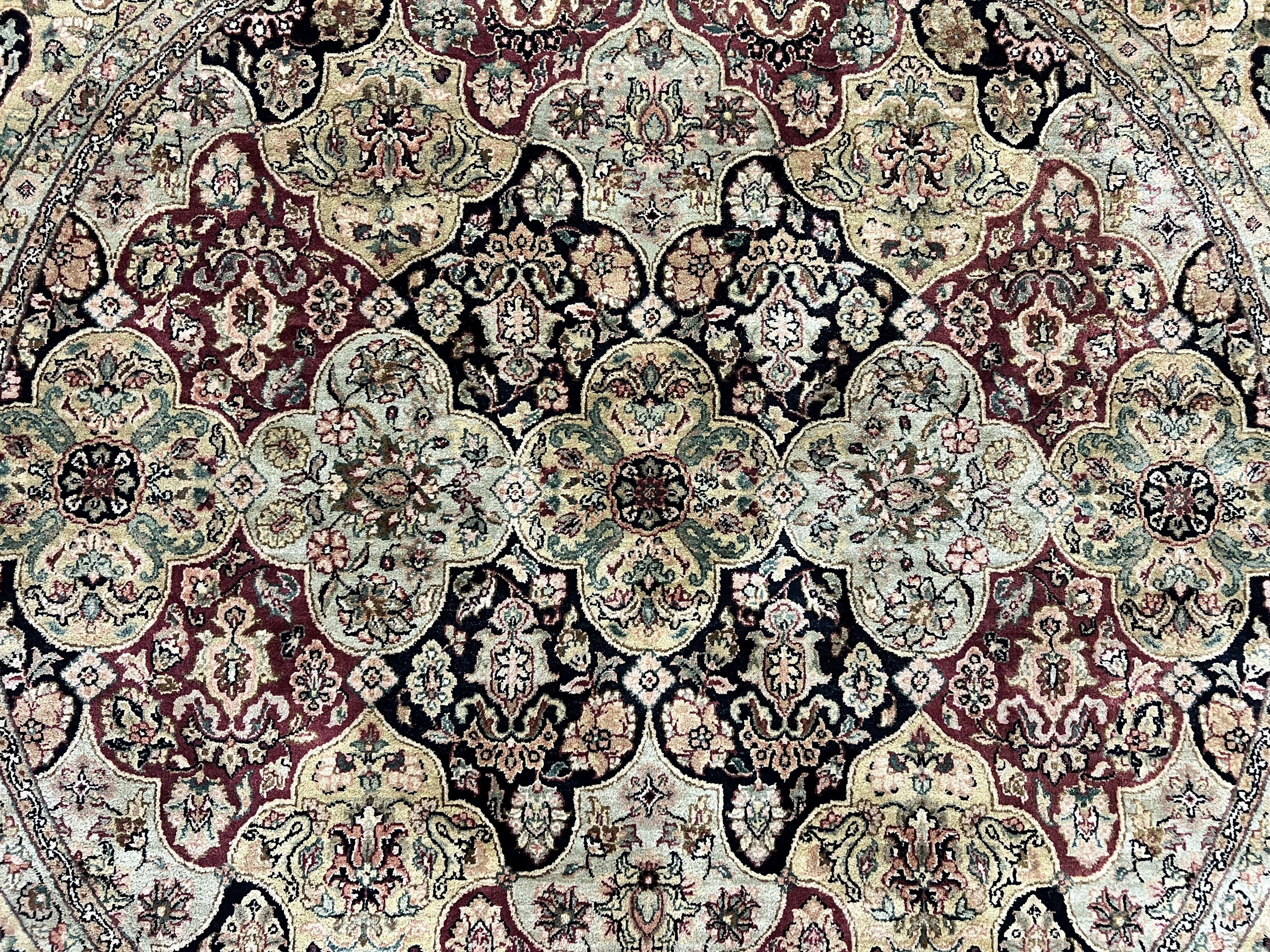 Indo Mahal Round Rug 9x9 ft, Large Circular Handmade Hand Knotted Area Rug, Red Midnight Blue Beige Wool Indian Oriental Carpet, Traditional - Jewel Rugs