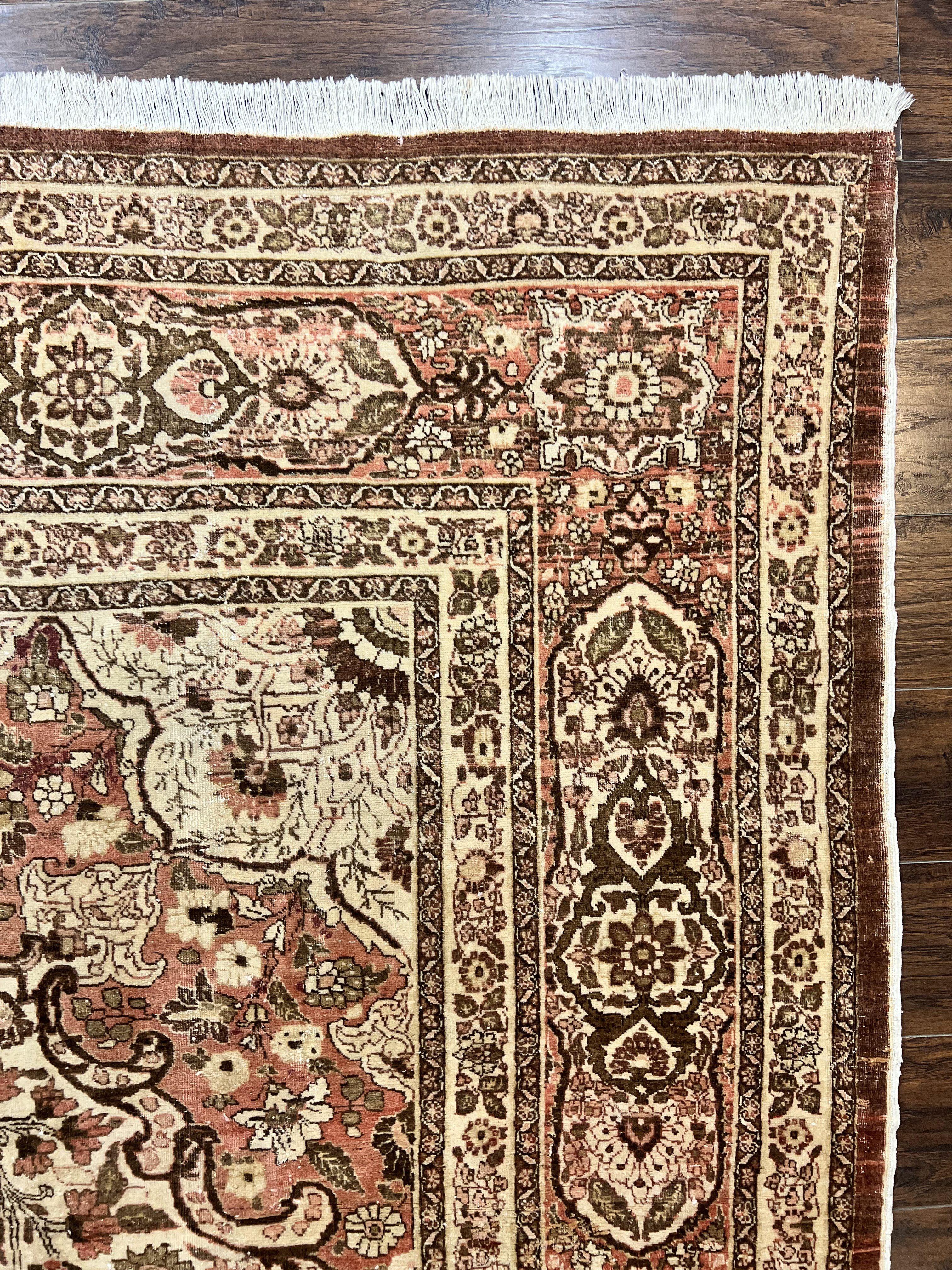 Antique Persian Tabriz Rug 10x12, Wool Hand Knotted Oriental Carpet, Beige Light Red, Floral Medallion - Jewel Rugs